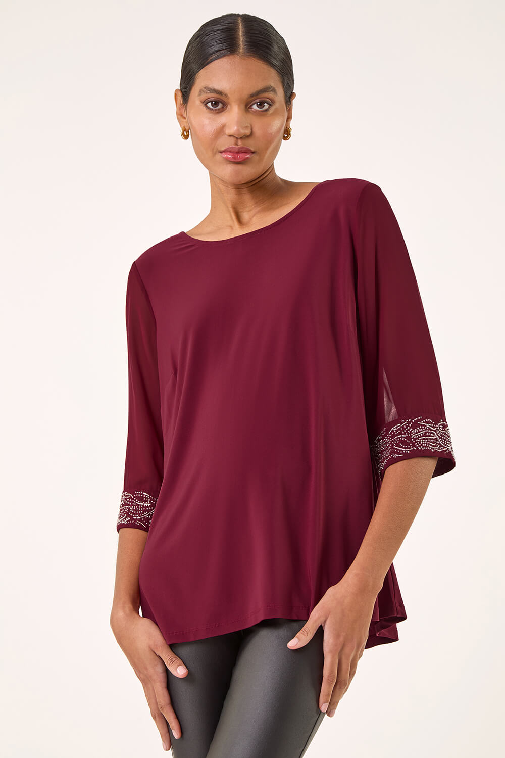 Red Embellished Cuff Chiffon Top, Image 5 of 5