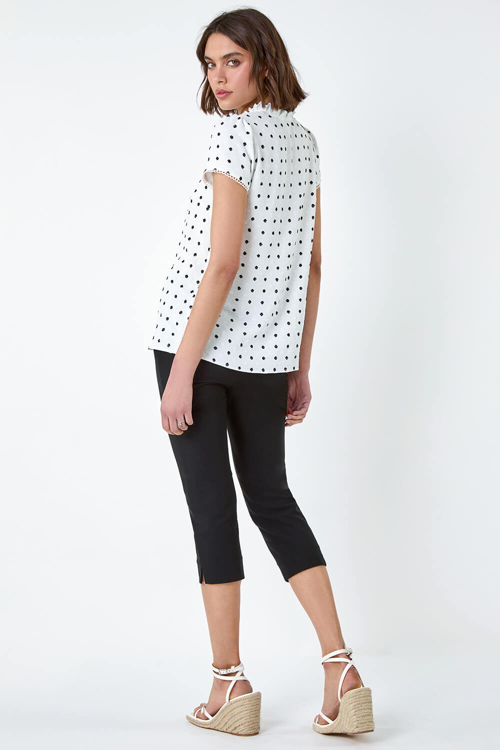 Ivory Textured Spot Print V-Neck Ruffle Detail Top, Image 4 of 5