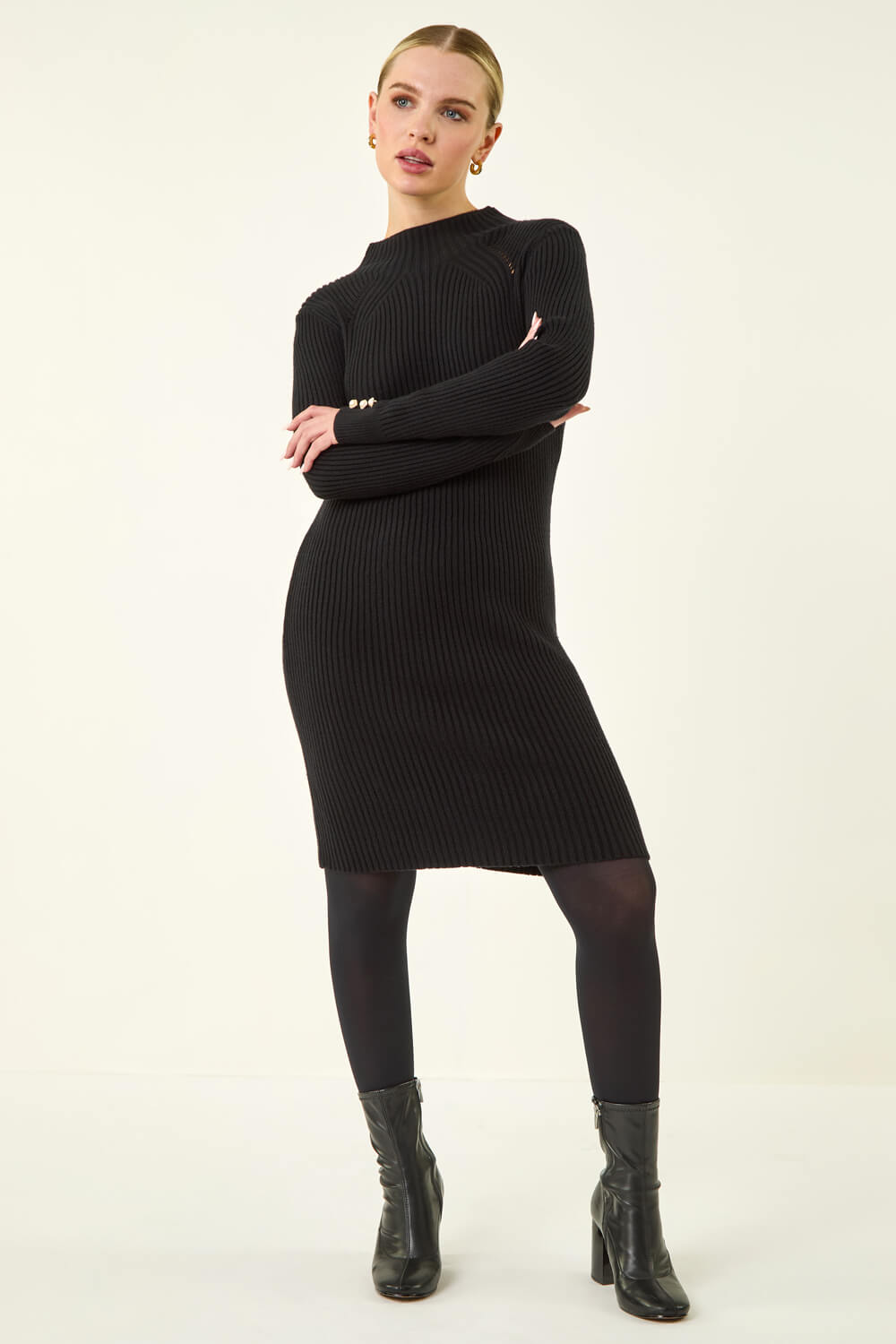 Black Petite Knitted Midi Dress, Image 3 of 5