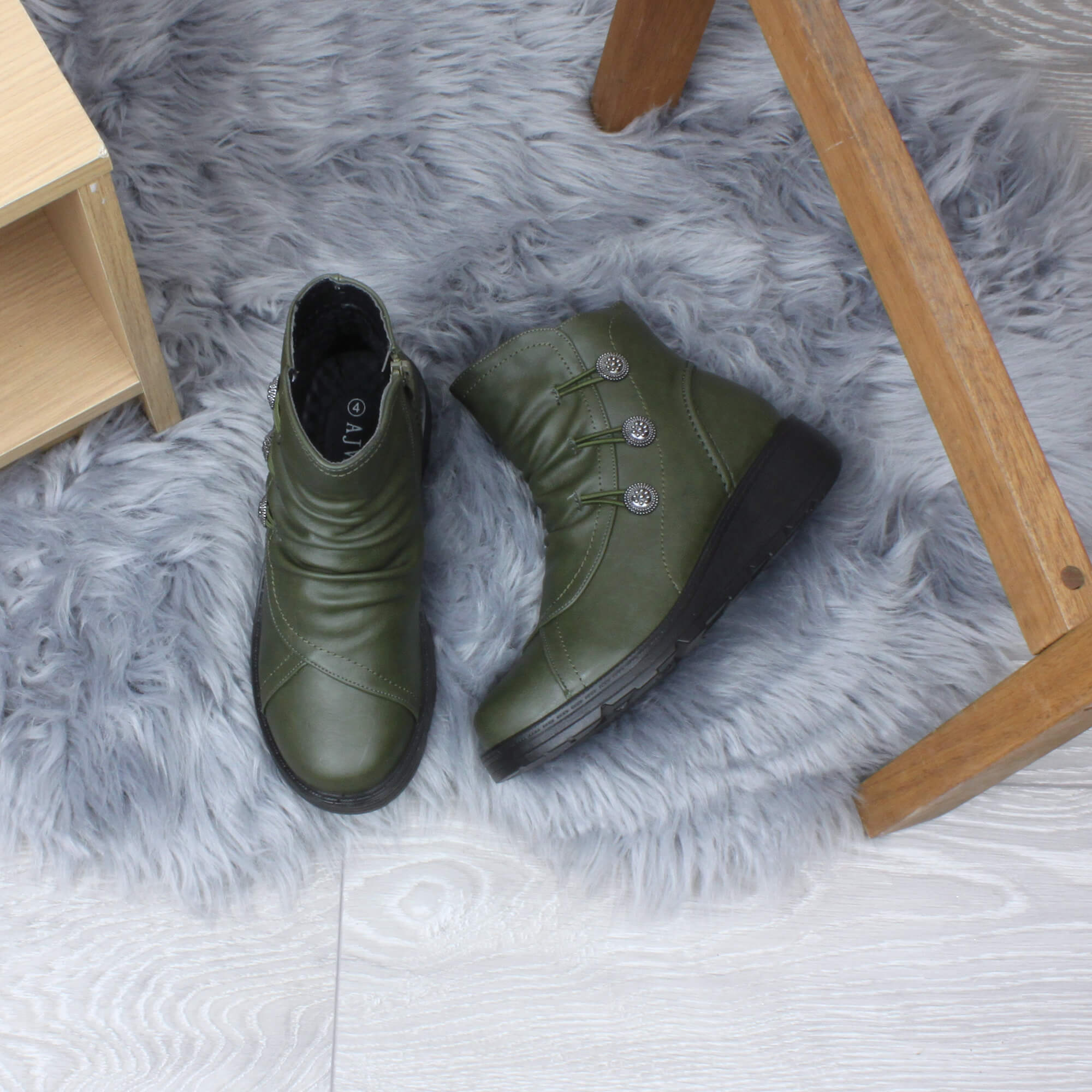 Khaki AJVANI Khaki Low Wedge Comfort Button Ankle Boots, Image 4 of 6