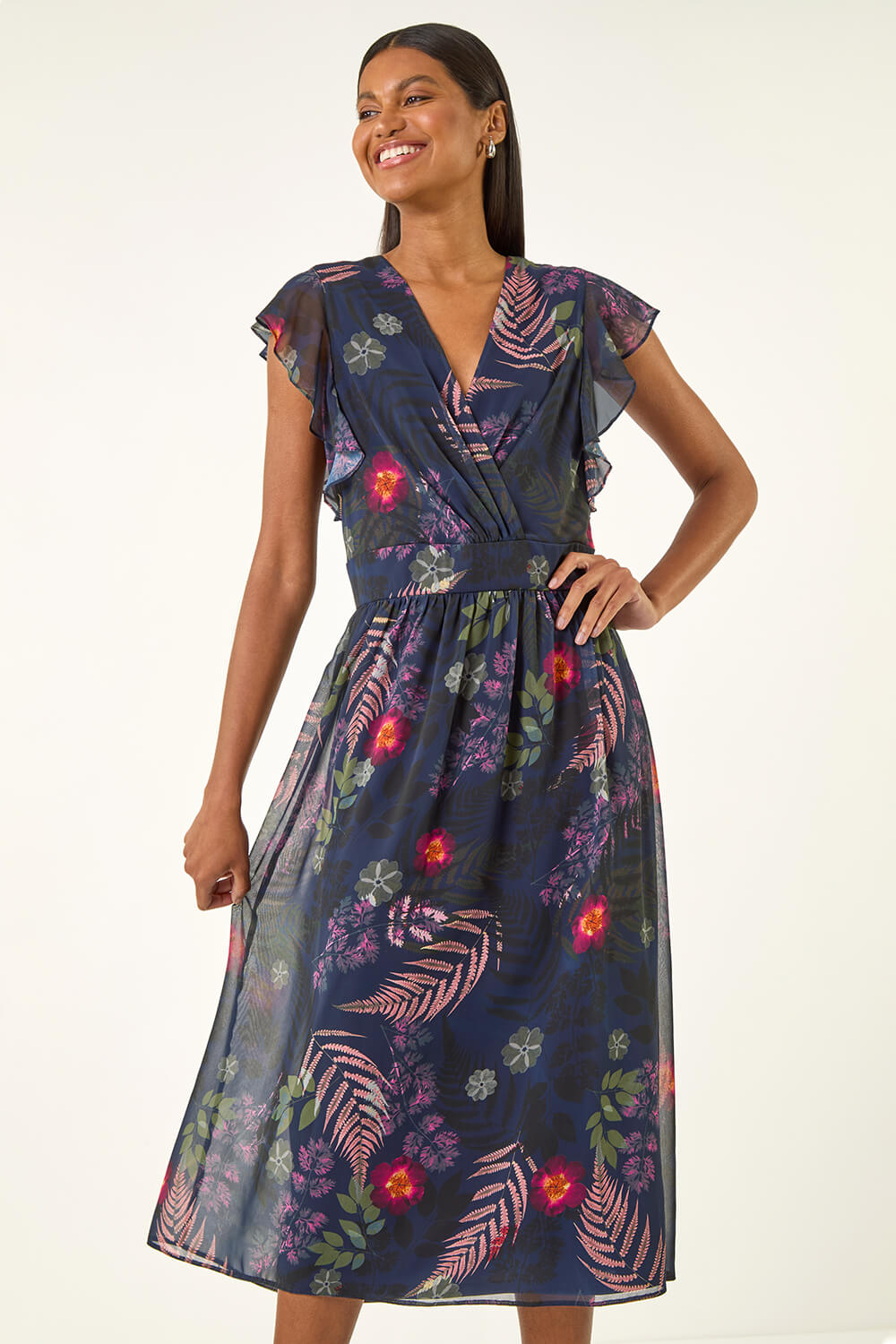 Navy Floral Print Frill Midi Dress, Image 3 of 5