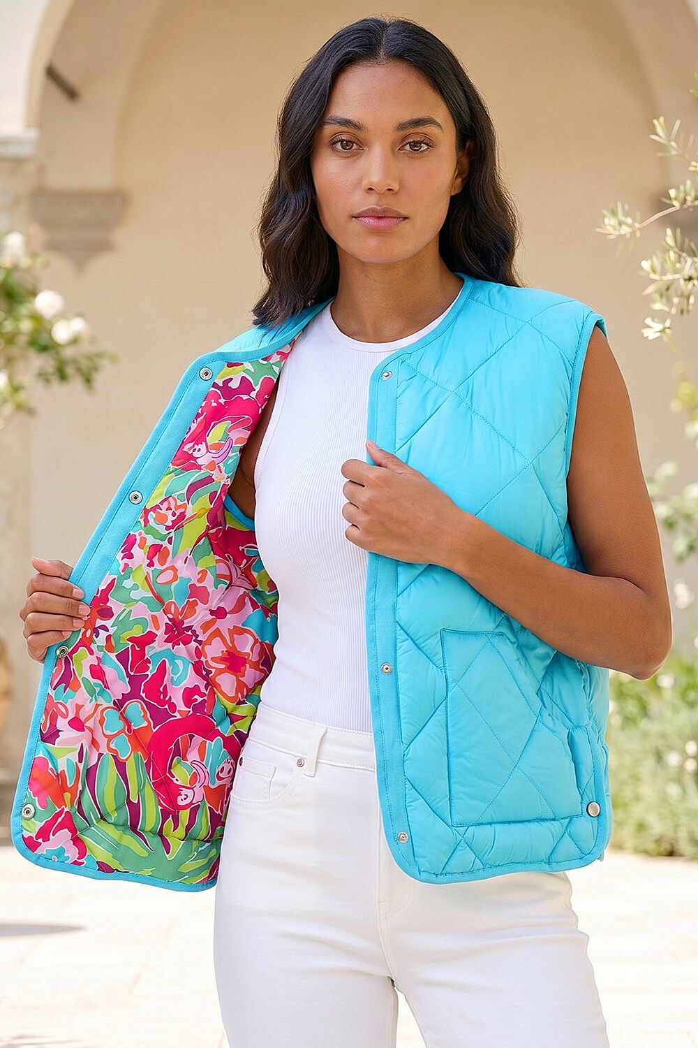 Turqouise Quilted Funnel Neck Lined Gilet, Image 1 of 4