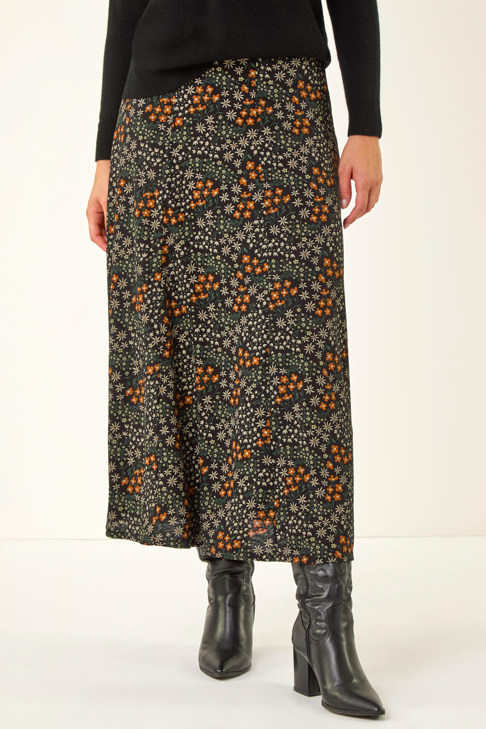 Orange Ditsy Floral Print Stretch Midi Skirt, Image 1 of 5