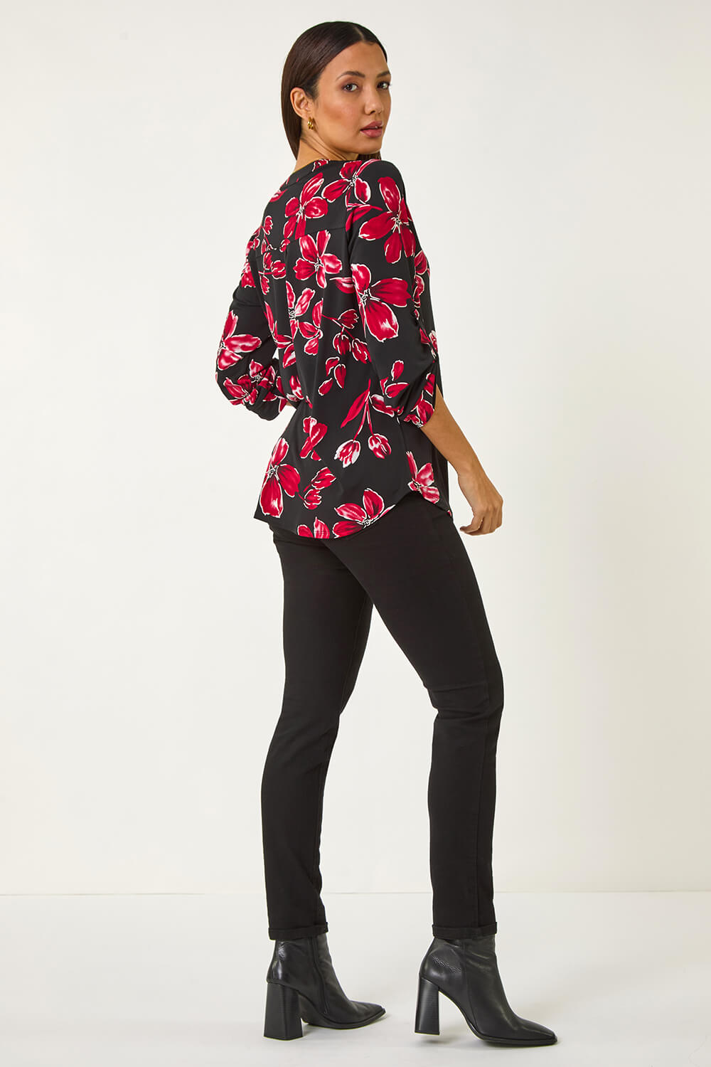 Red Textured Floral Print V-Neck Stretch Shirt, Image 5 of 5