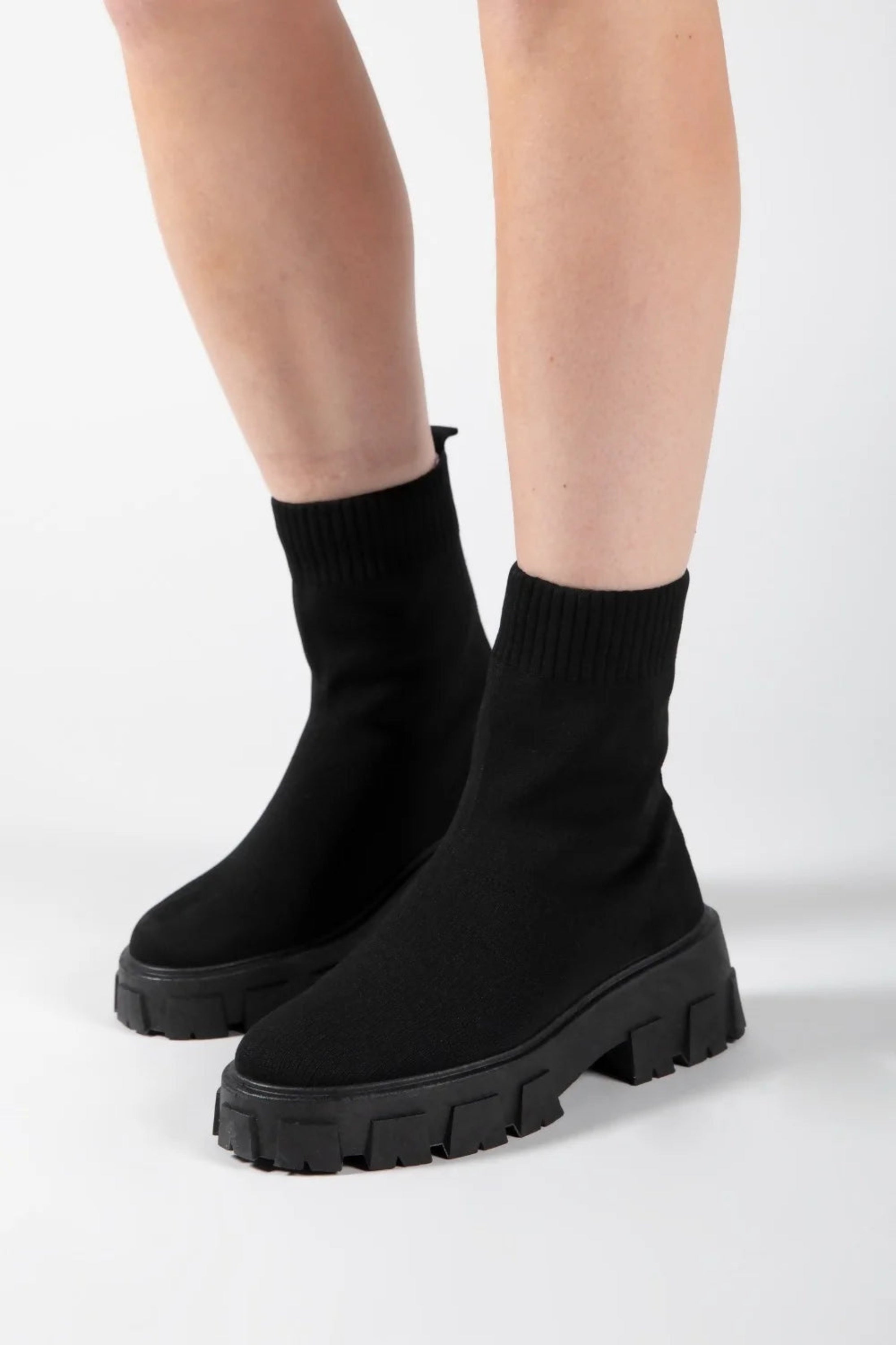 Black Black Cleated Pull On Knit Chunky Sole Sock Ankle Boots - Melissa, Image 2 of 2