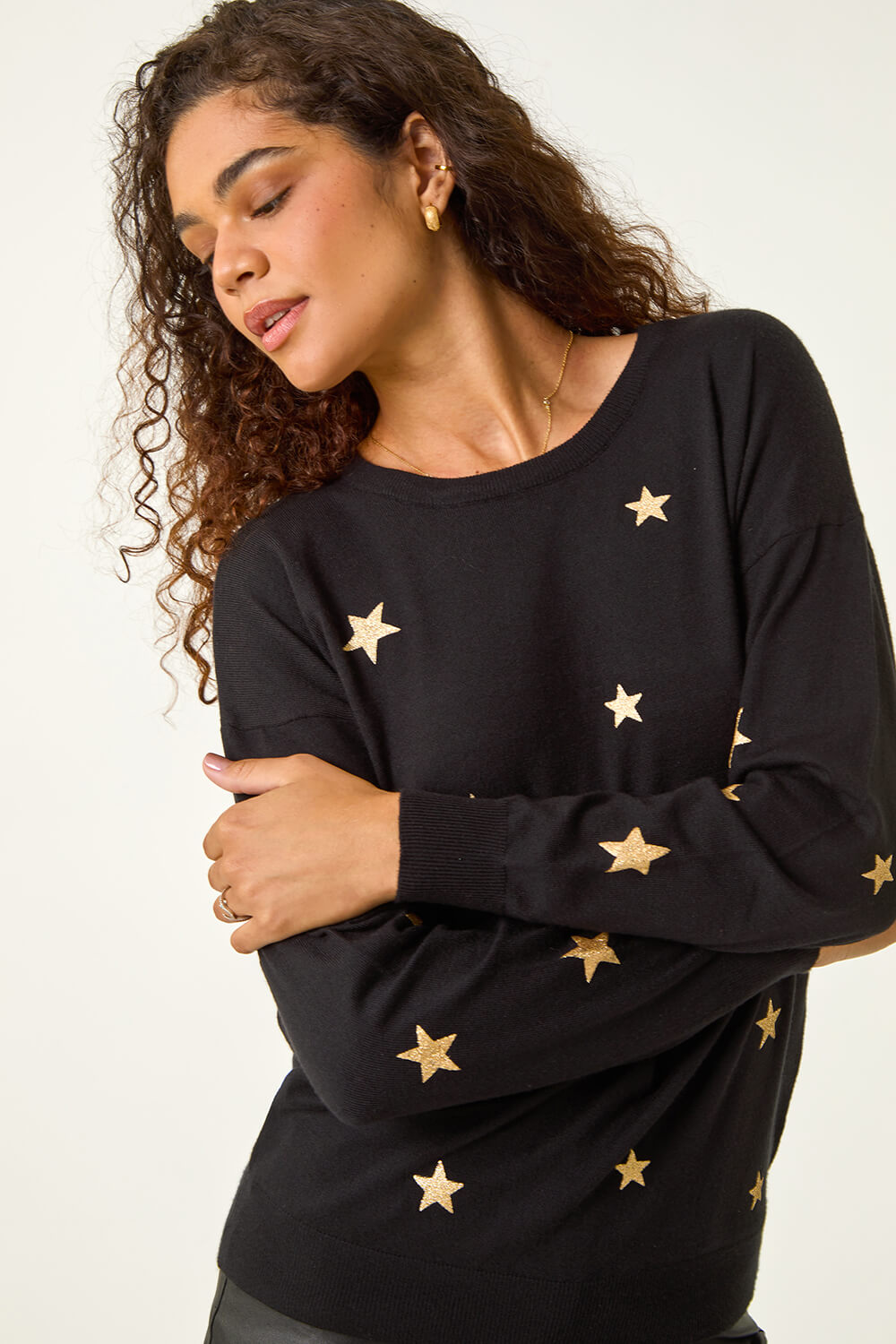 Black Star Glitter Print Knit Jumper, Image 4 of 7