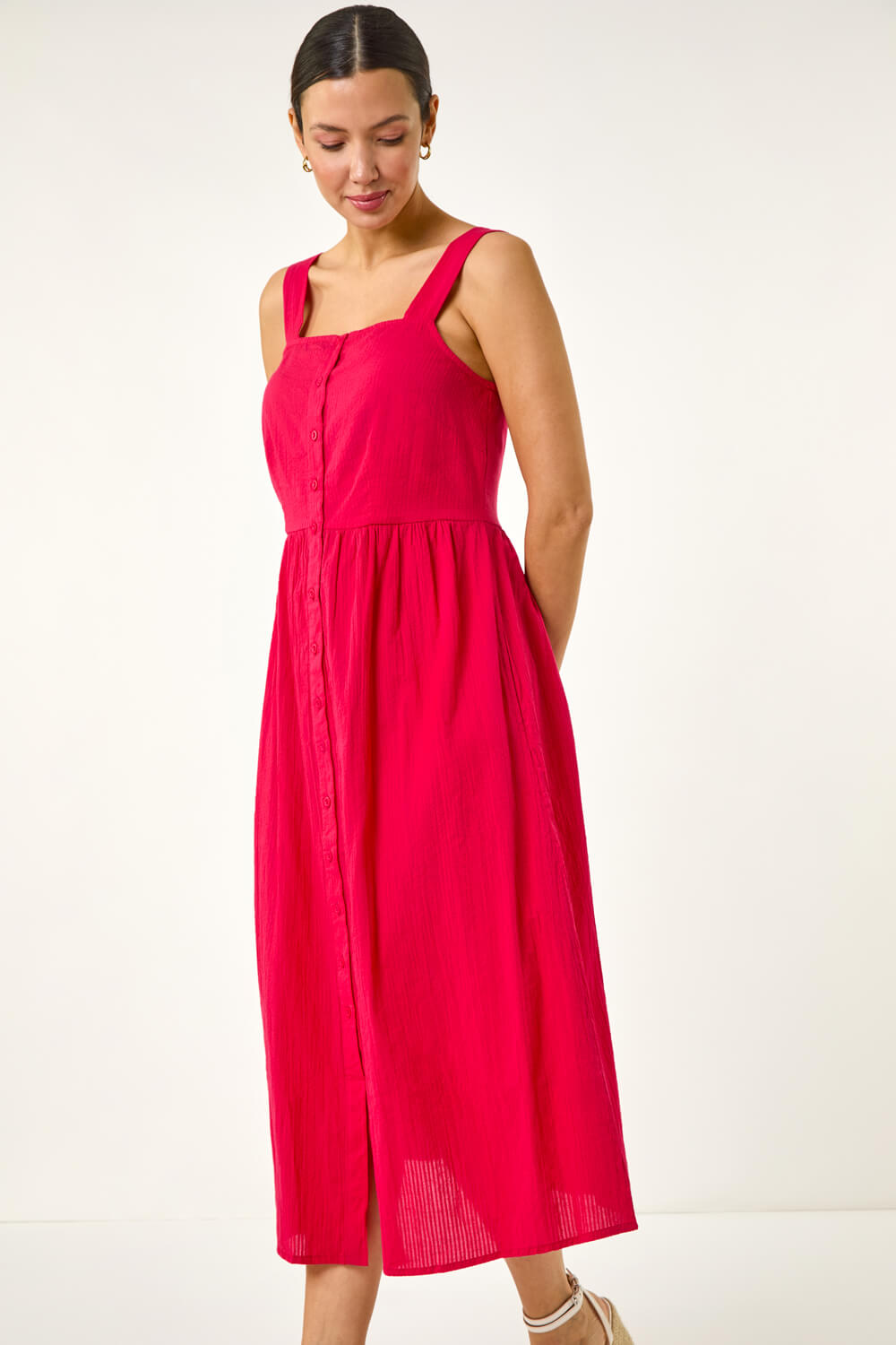 PINK Seersucker Button Midi Sundress, Image 3 of 5