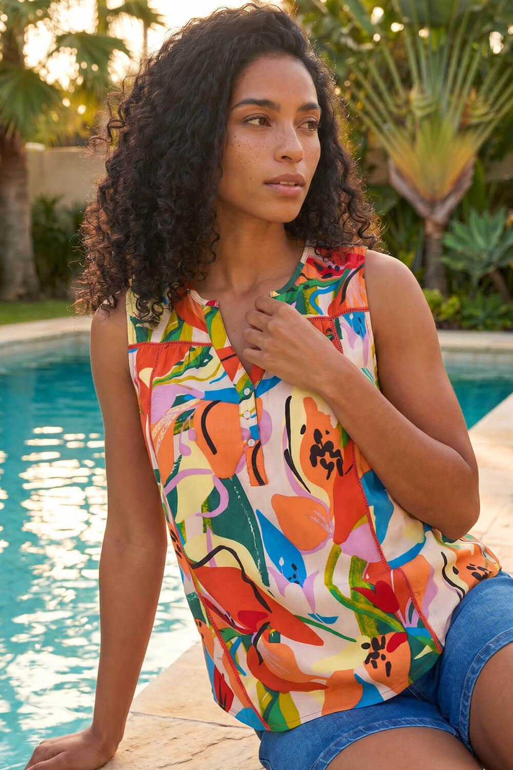 Multi Abstract Print V-Neck Button Top, Image 1 of 4