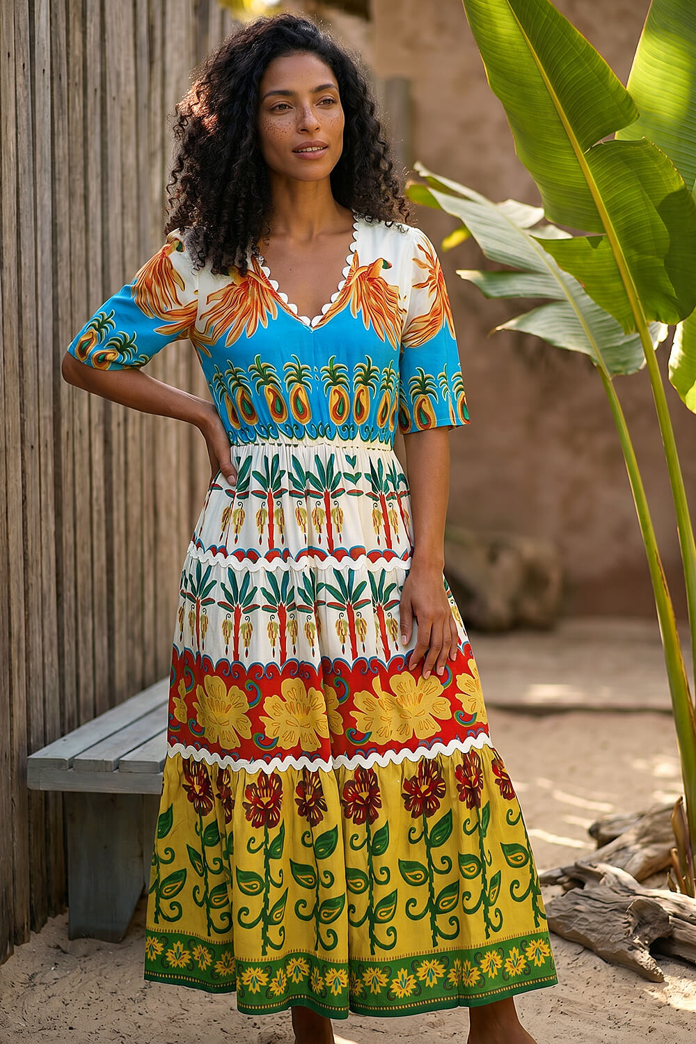 Red Tropical Print V-Neck Maxi Dress | Roman UK