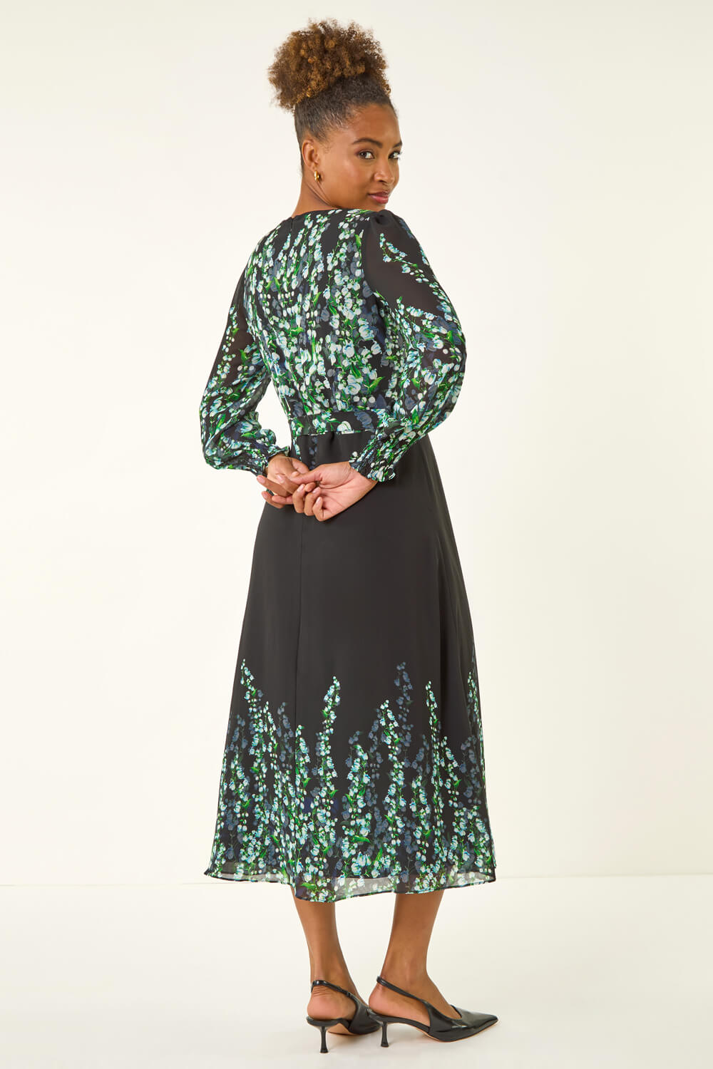 Blue Floral Border Belted Midi Dress, Image 4 of 5