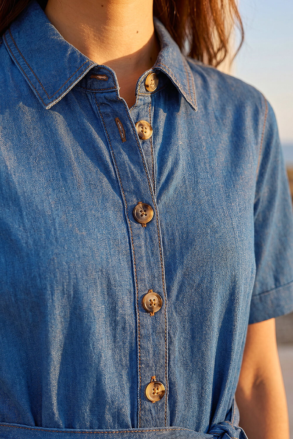 Denim Button Detail Tiered Midi Dress, Image 5 of 4