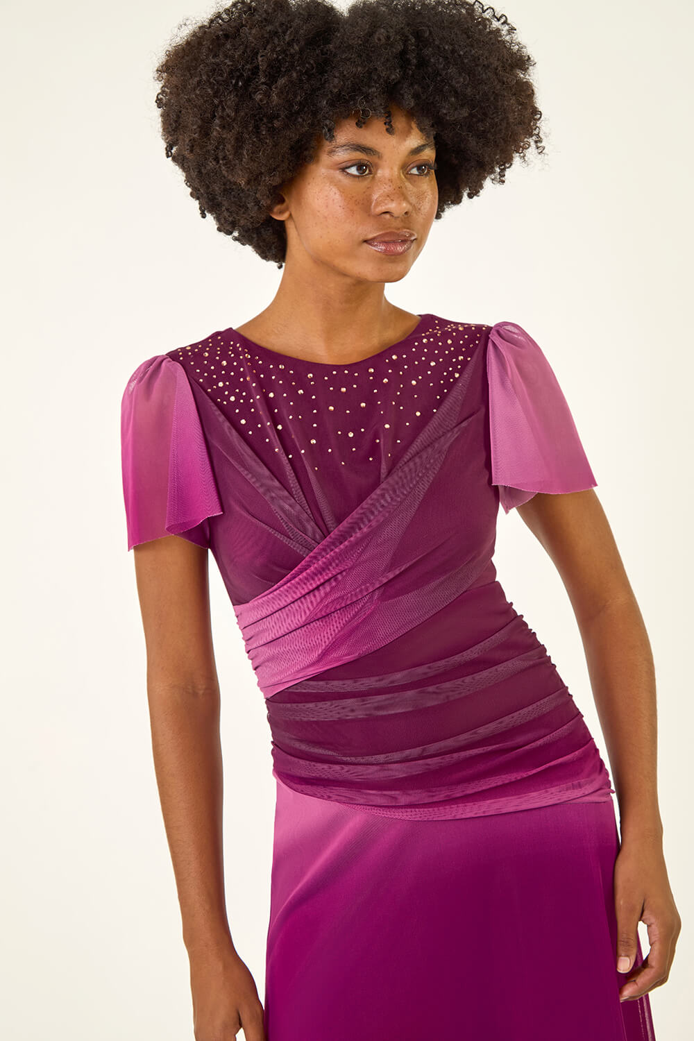Wine Embellished Ombre Mesh Midi Dress, Image 5 of 5
