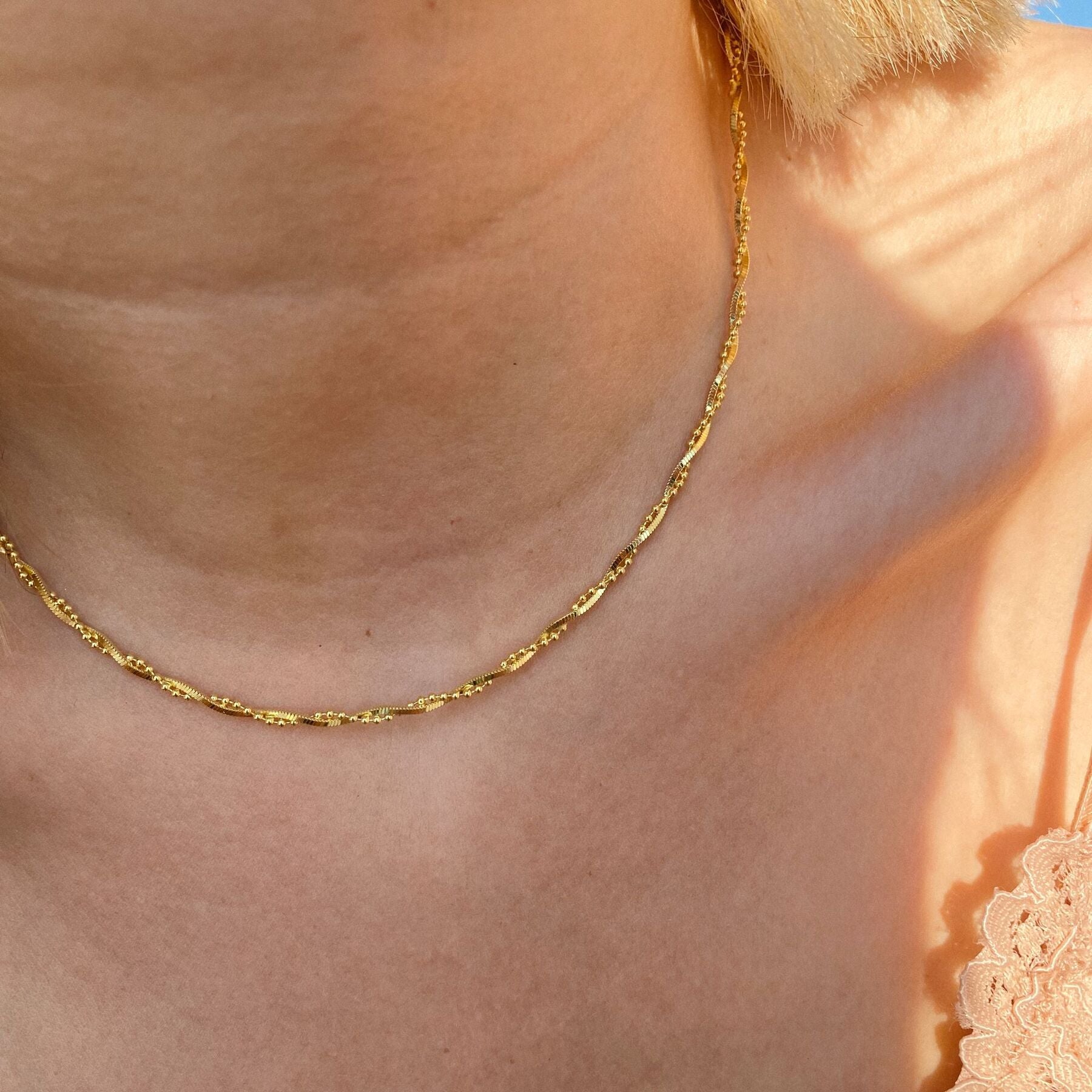 Gold Twisted Beads Sterling Silver Chain Necklace, Image 2 of 6