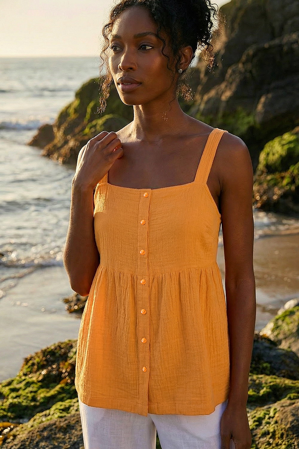 Orange Cotton Button Through Shirred Vest Top | Roman UK