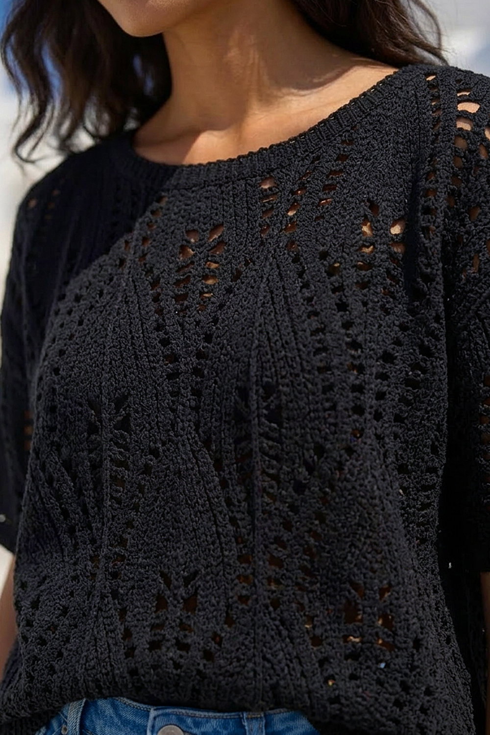 Black Crochet Detail Knit Top, Image 5 of 4