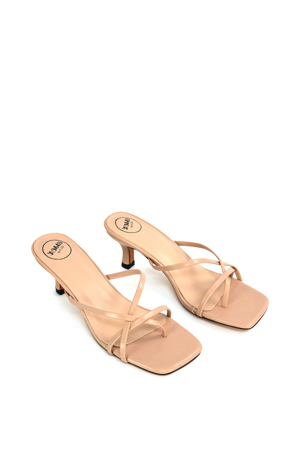 Beige XY LONDON Beige 'Dream' Strappy Square Toe Kitten Heel Slip on Mule Sandals, Image 2 of 5