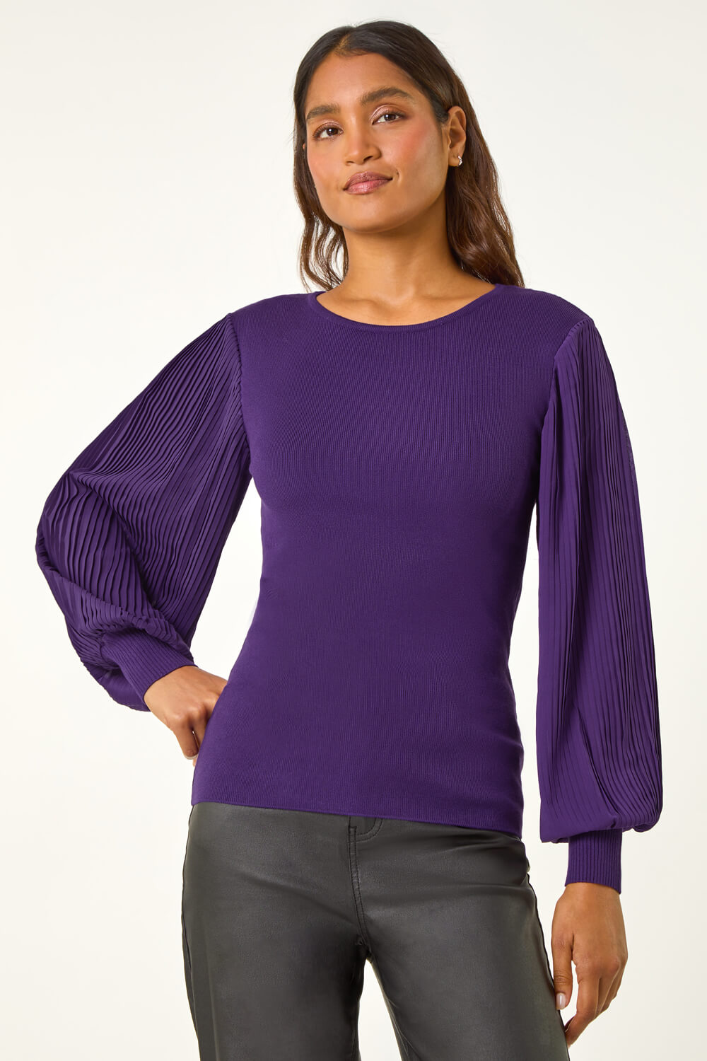 Purple Chiffon Sleeve Knit Jumper, Image 5 of 5
