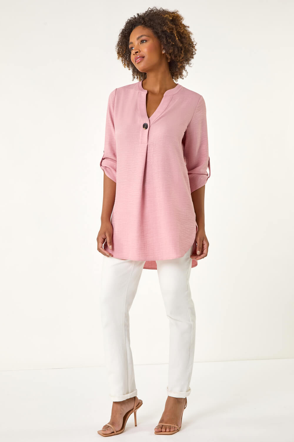 Rose Longline V-Neck Button Tunic Top, Image 3 of 5