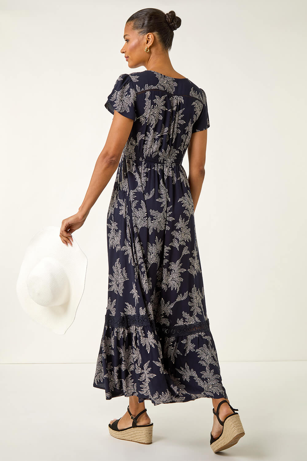 Navy Leaf Print V-Neck Maxi Dress, Image 4 of 5