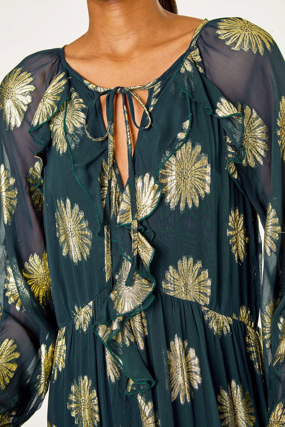 Teal Frill Brocade Midi Dress, Image 6 of 5