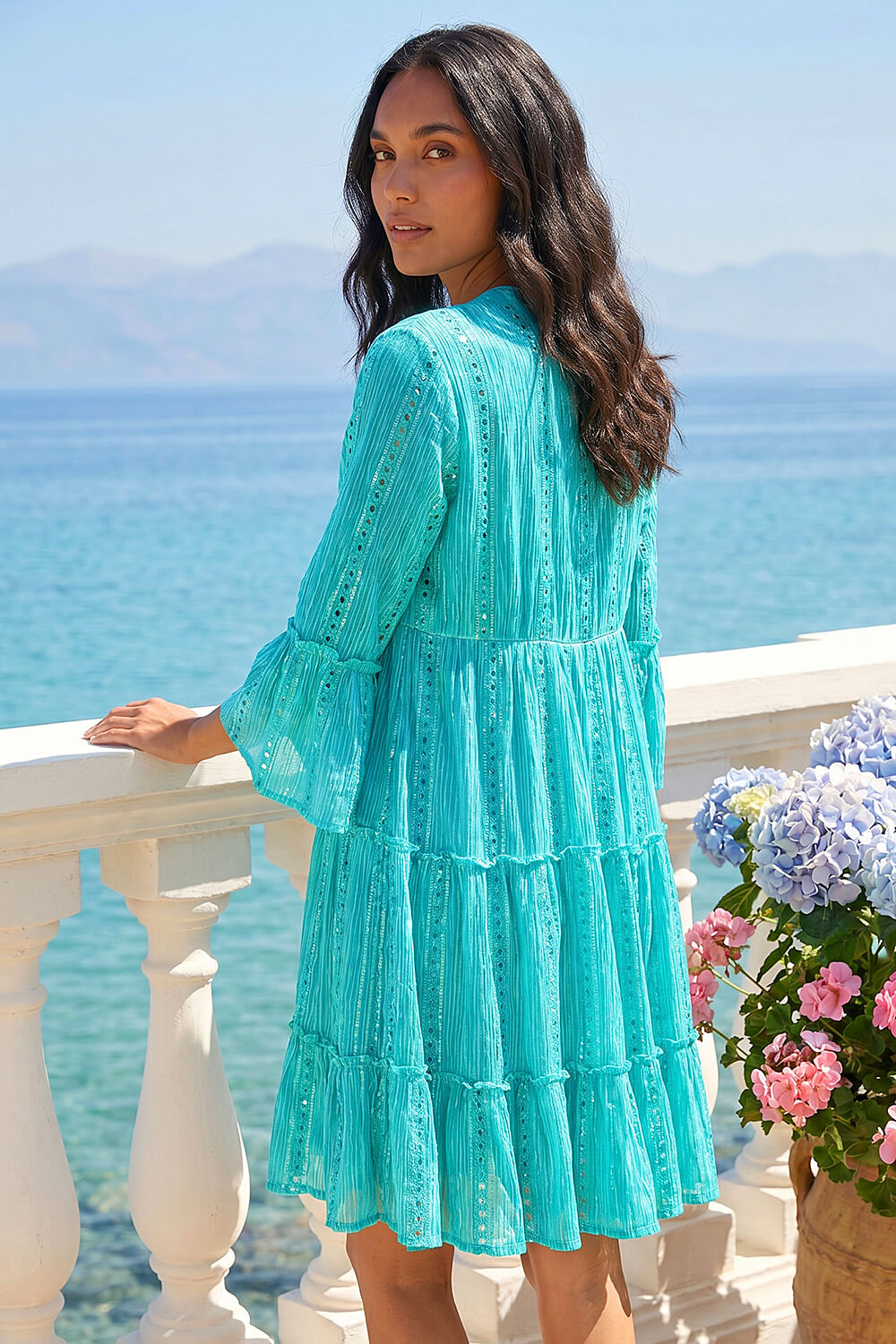 Turquoise Sequin Shimmer Tie Detail Smock Dress, Image 3 of 4