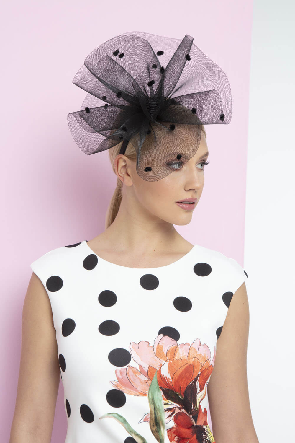 Black Polka Dot Mesh Cloud Fascinator, Image 1 of 2