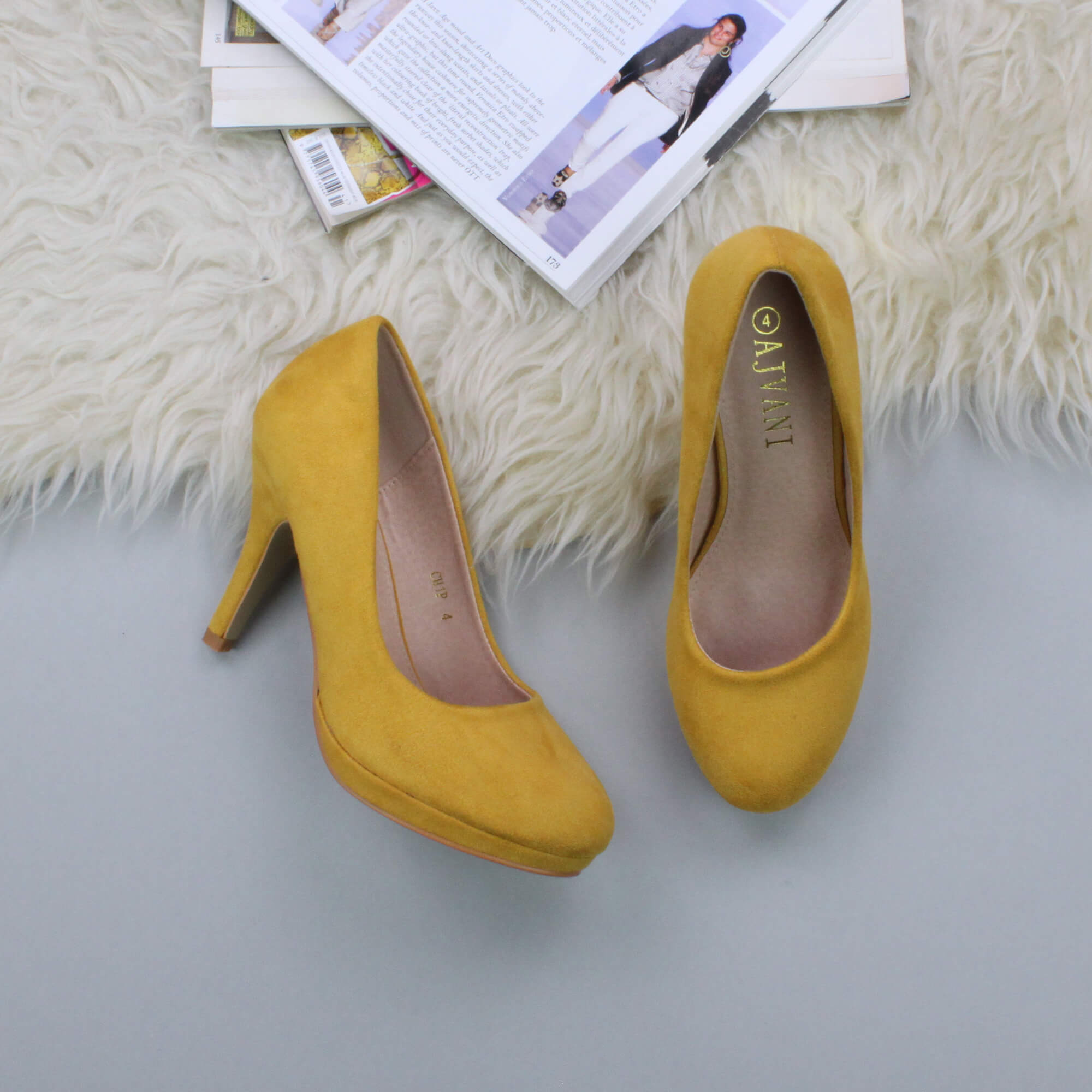 Yellow AJVANI Yellow Mid High Heel Court Shoes, Image 4 of 6