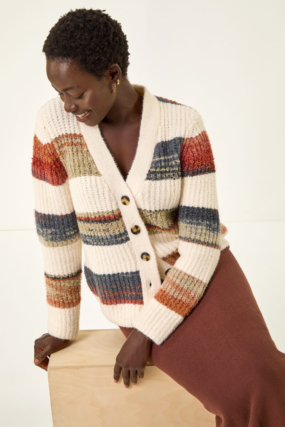 Ivory  Stripe Buttoned Knit Cardigan, Image 3 of 7