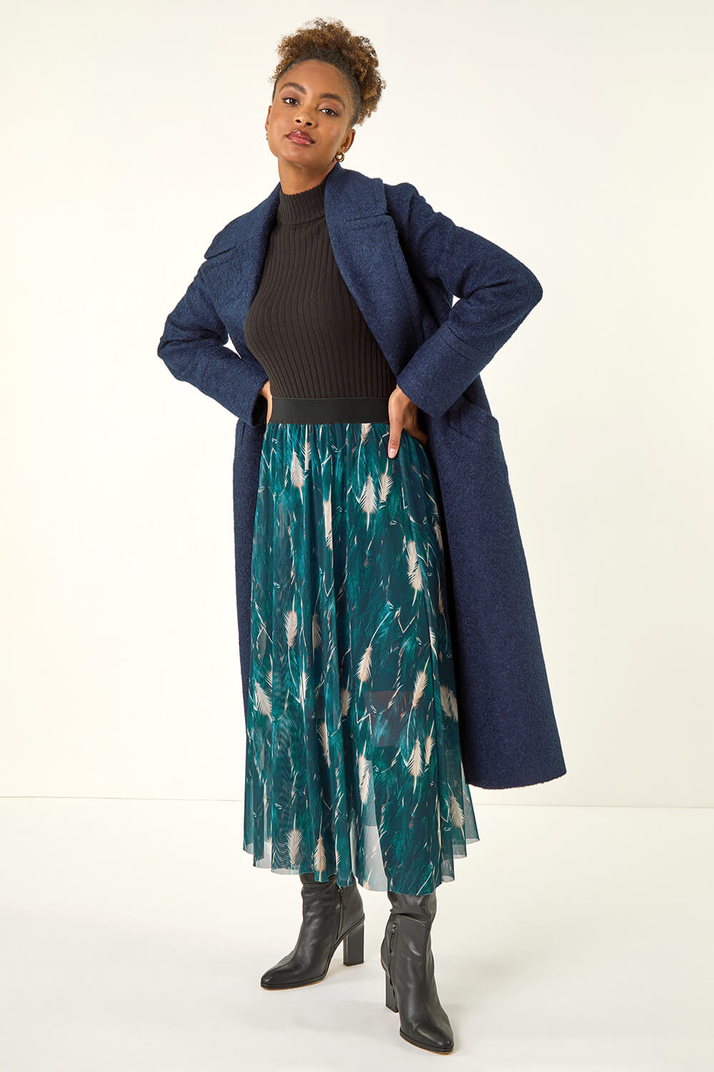 Petrol Blue Abstract Print Mesh Overlay Skirt, Image 4 of 6