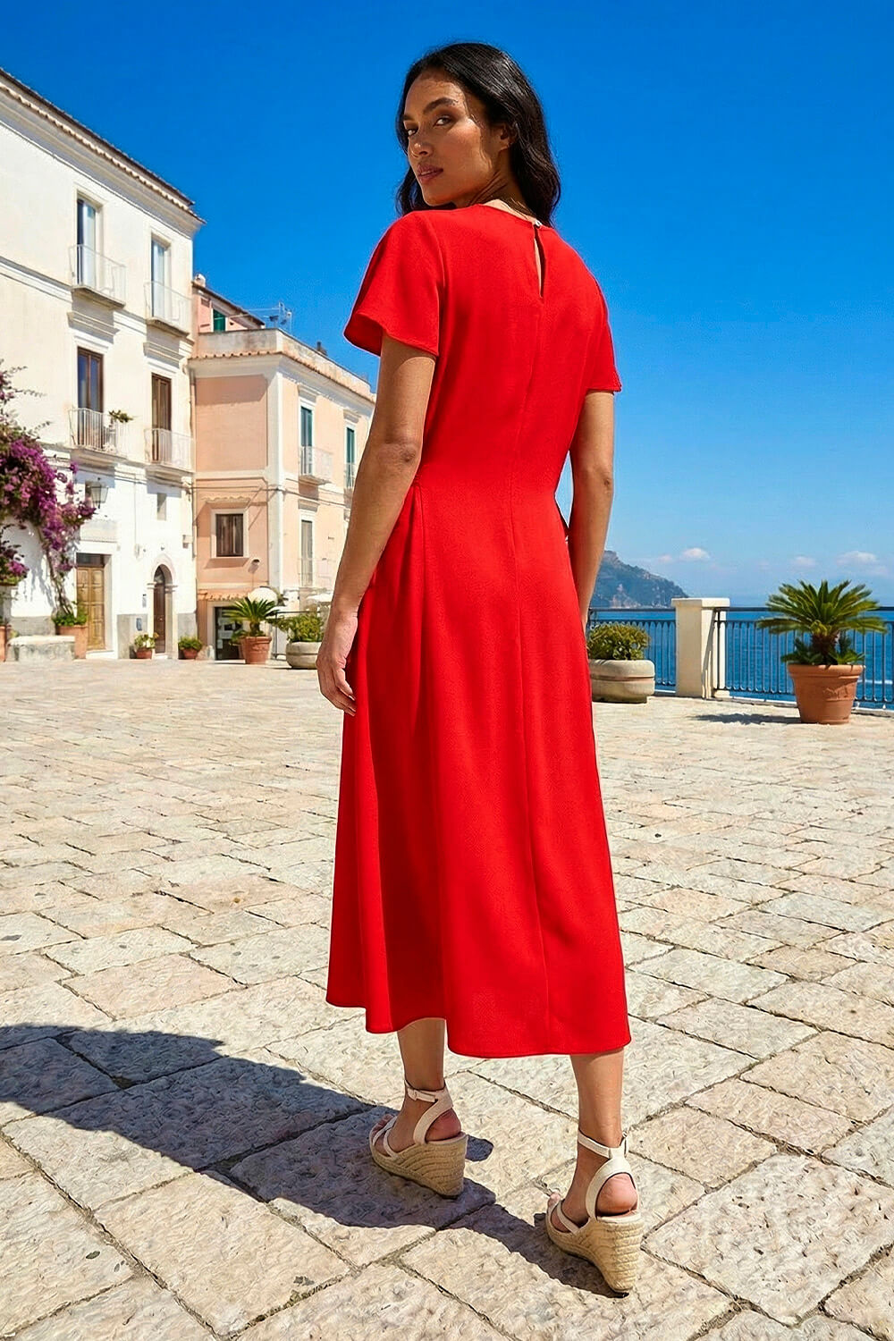 Red Side Tie Detail Midi Dress, Image 4 of 4