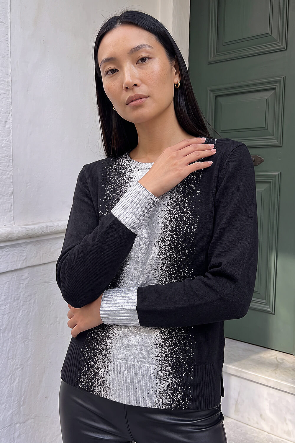 Roman Women's Black Foil Print Crew Neck Knit Jumper Size 14