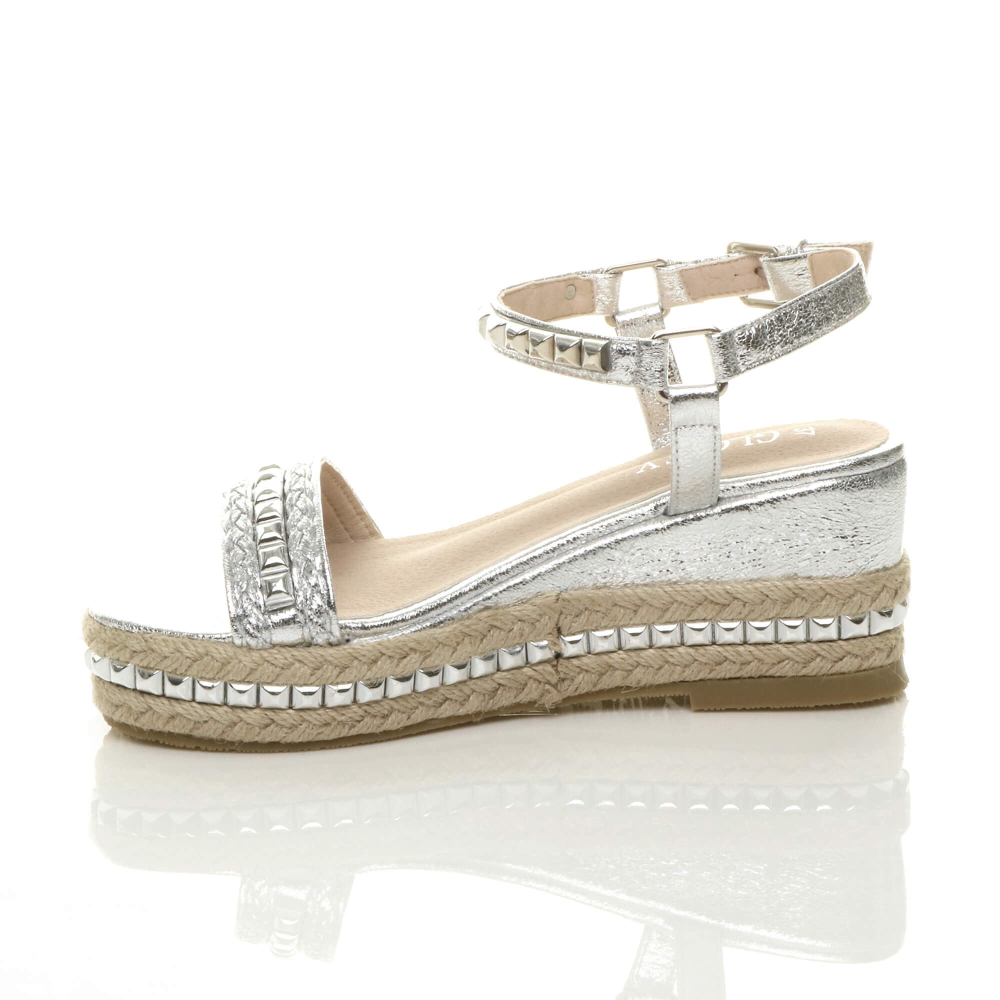 Silver Mid Wedge Studded Flatform Sandals Espadrilles, Image 3 of 6