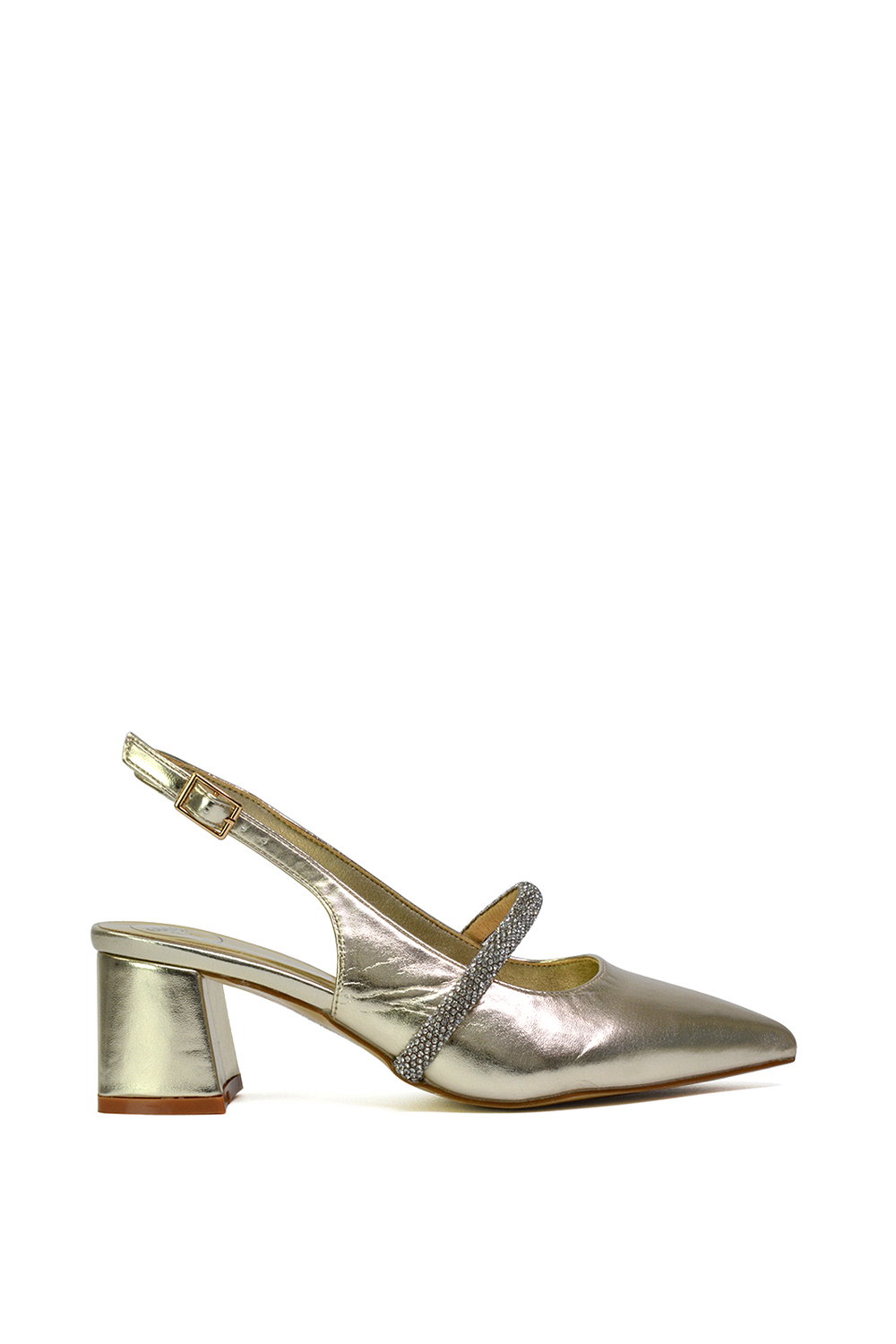 Pink 'Sandie' Sling Back Strappy Pointed Toe Diamante Mid Block Heels