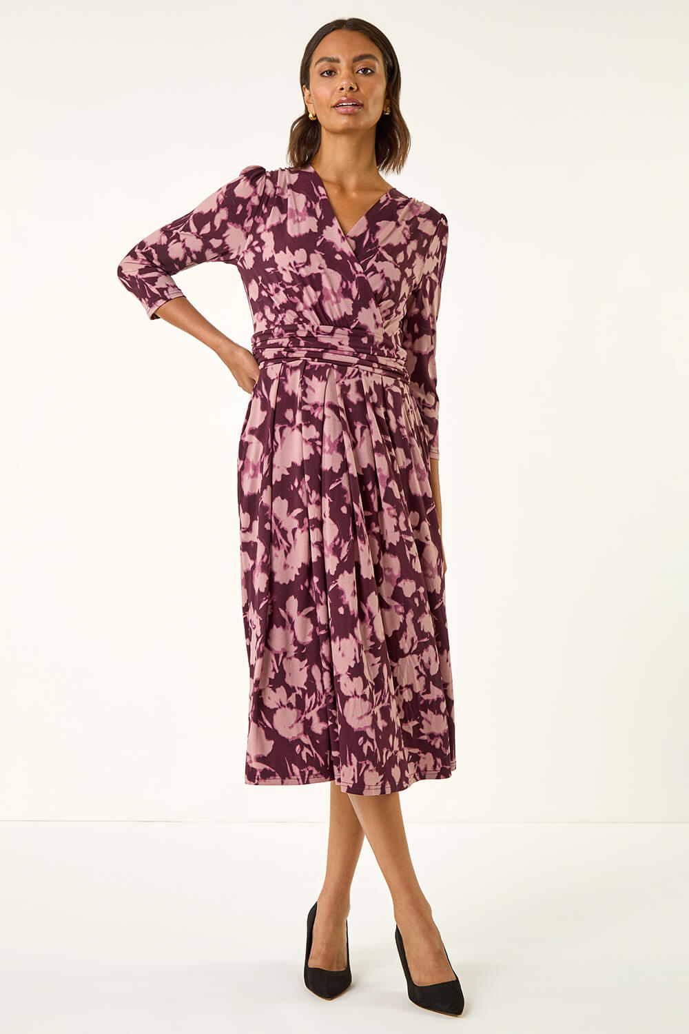 Wine Abstract Floral Wrap Midi Dress, Image 3 of 5