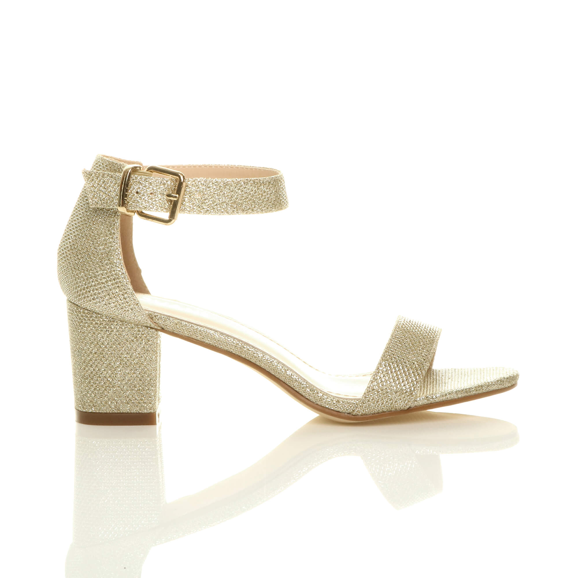 Gold AJVANI Gold Mid Block Heel Ankle Strap Sandals, Image 2 of 6