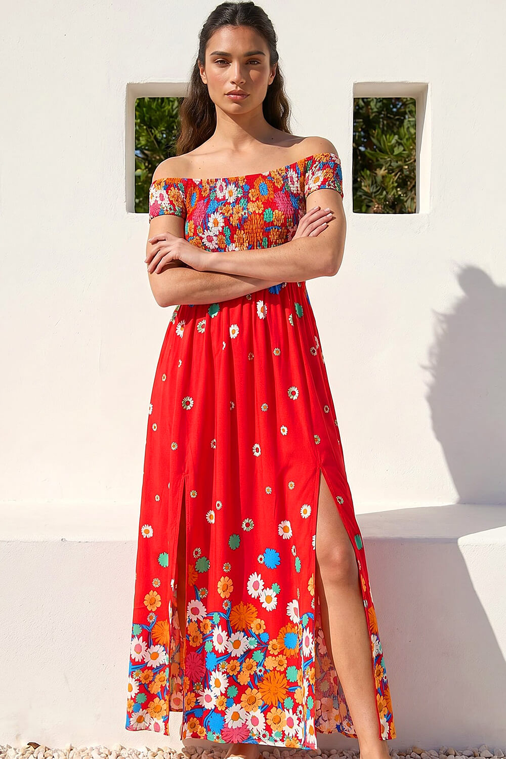 Red Floral Print Bardot Shirred Midi Dress, Image 3 of 4