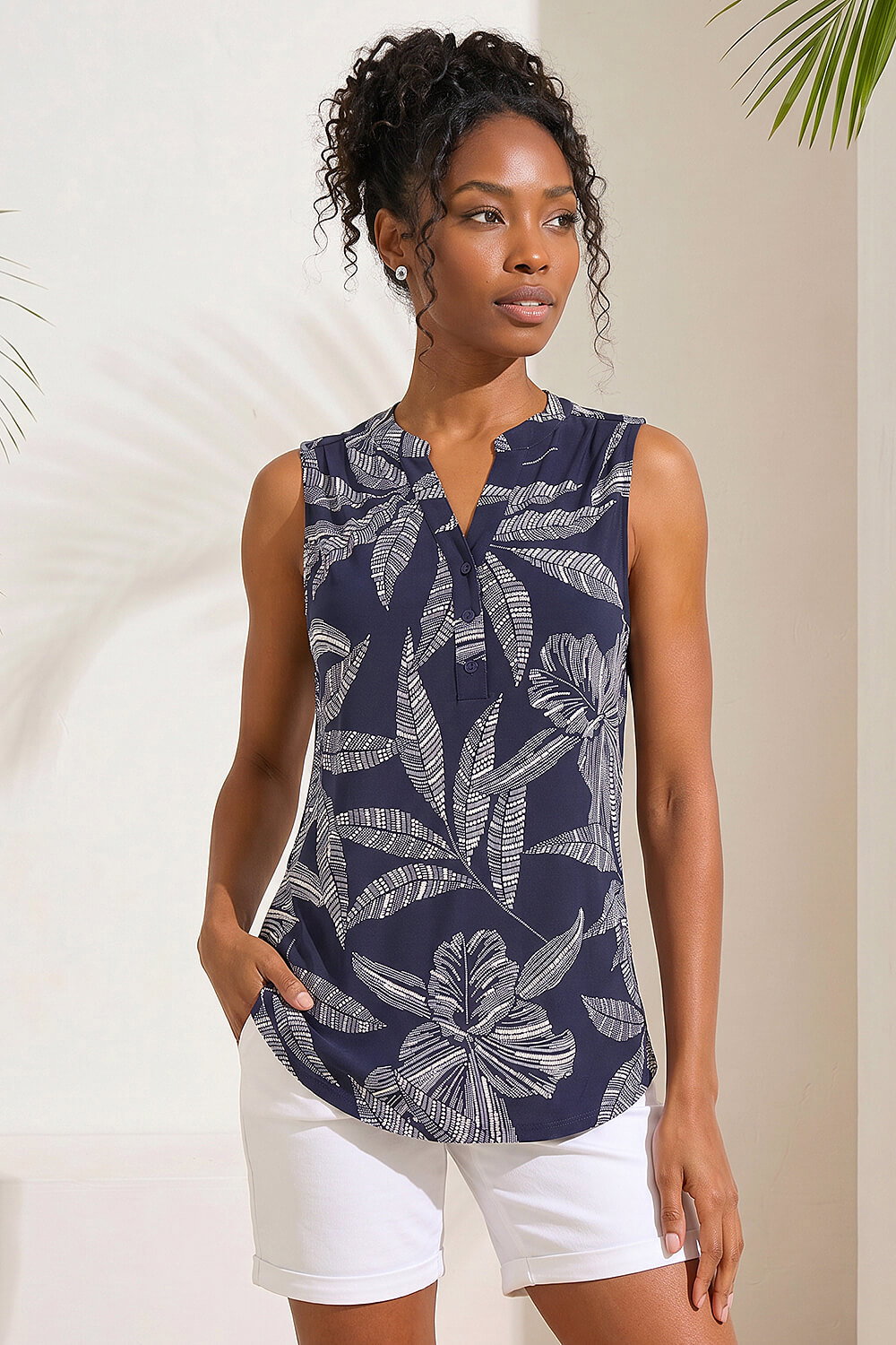 Navy Floral Puff Print Stretch Vest, Image 1 of 4