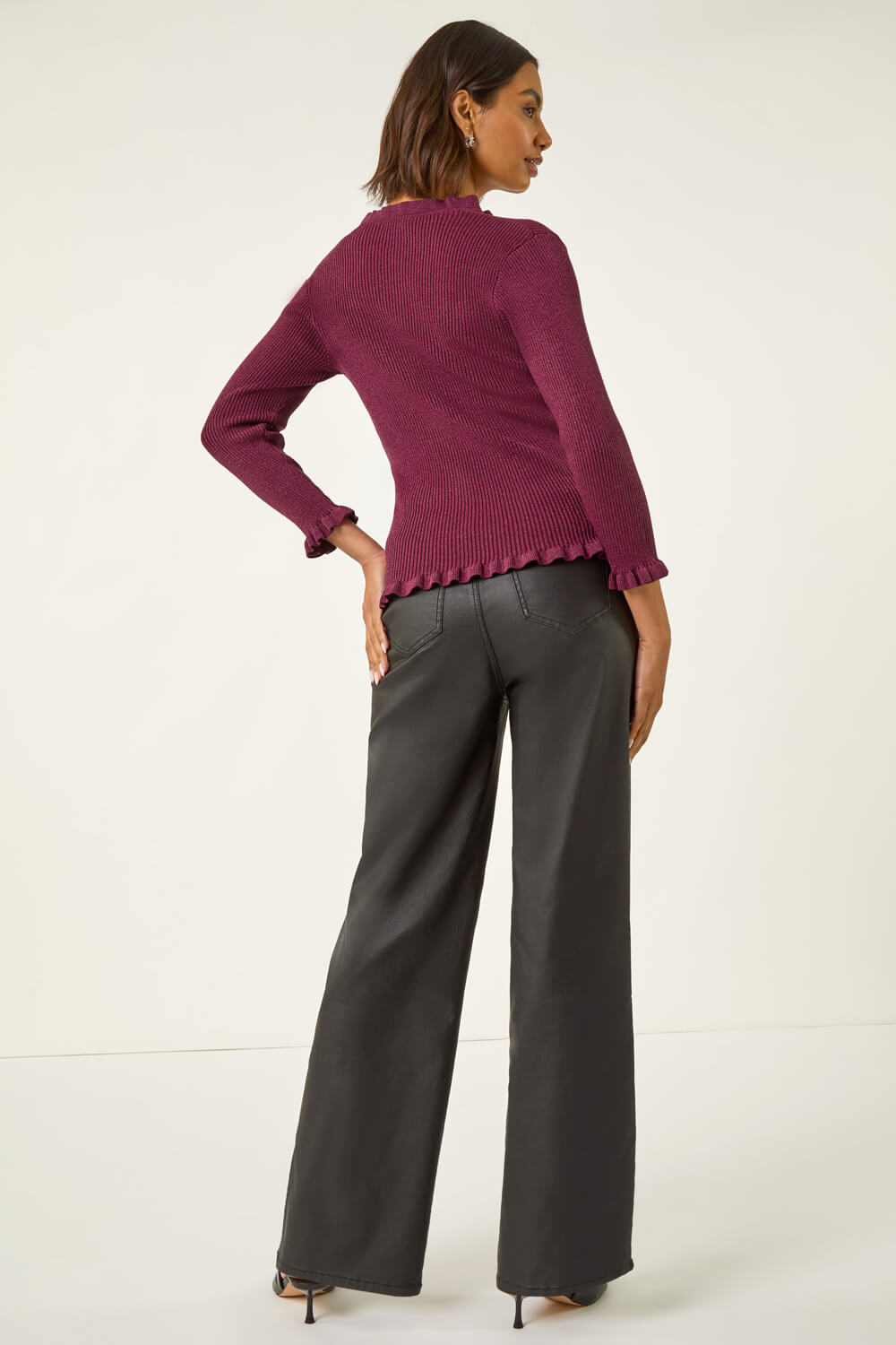 Burgundy V-Neck Ruffle Knit, Image 4 of 5