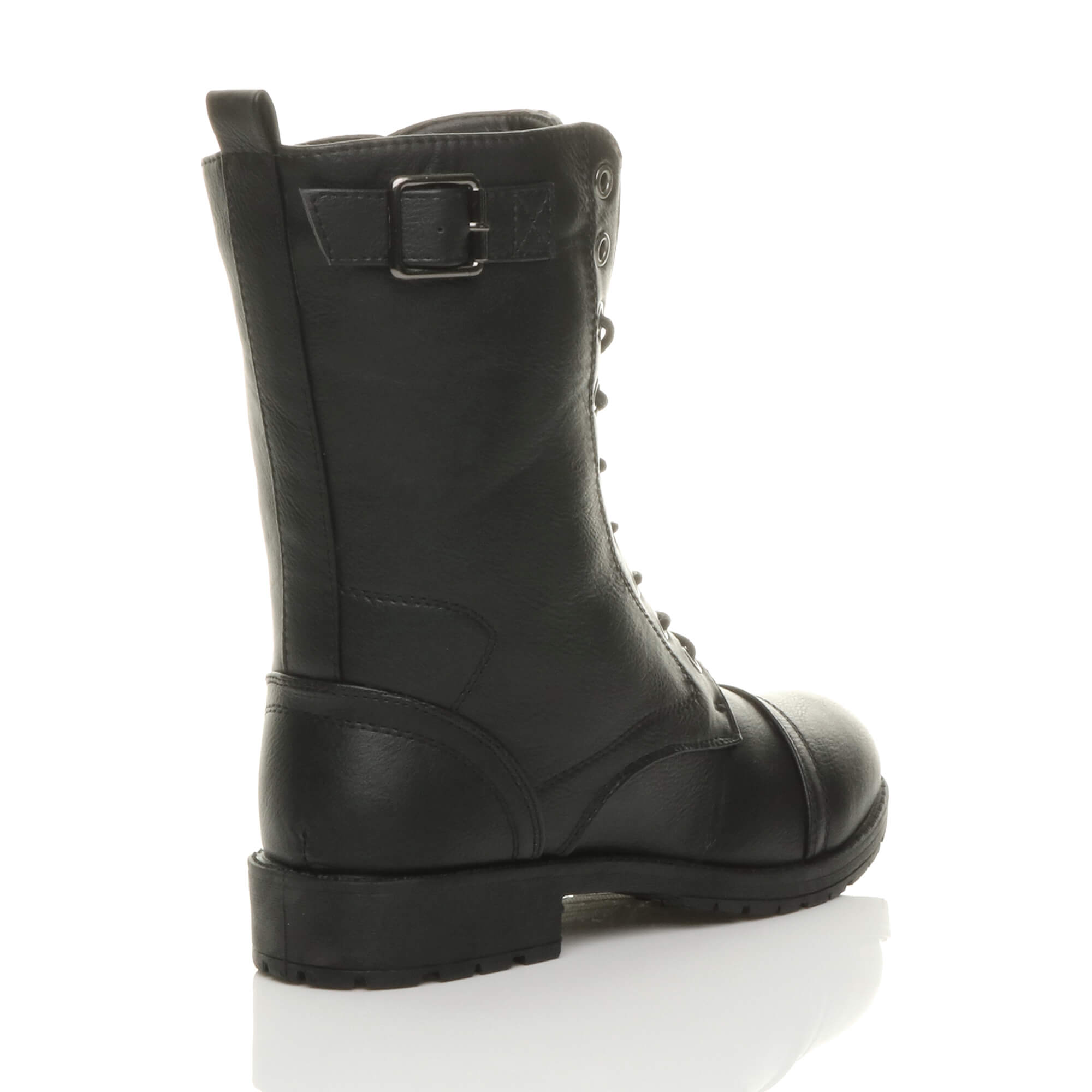 Black AJVANI Black Lace Up Buckles Military Biker Ankle Boots, Image 4 of 6