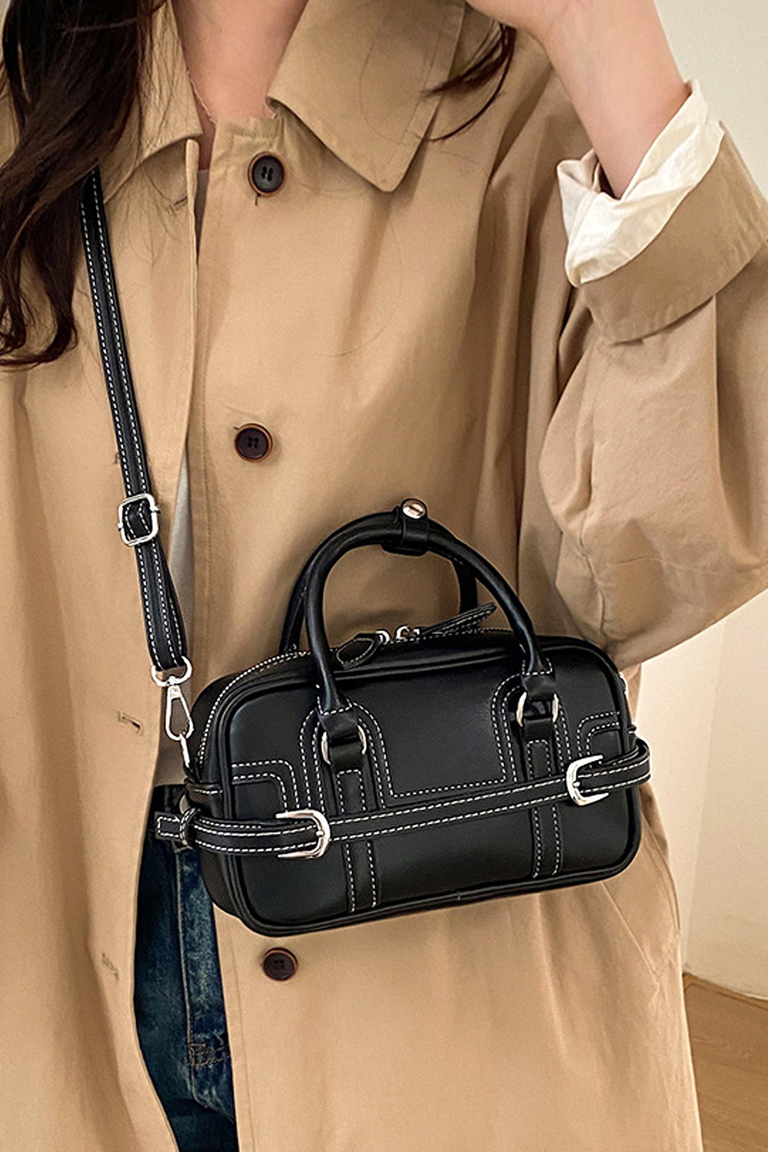 Black Barrel Satchel handbag With Shoulder Strap, Image 2 of 4