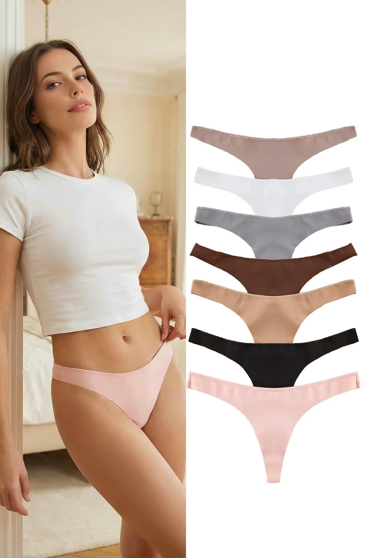 Multi WOVCOR Multi 7 Pack Seamless Plain Thong Briefs Set, Image 1 of 3