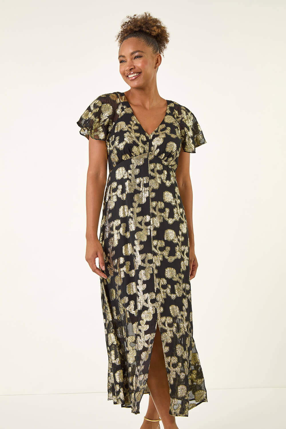 Black Burnout Floral Frill Midi Dress, Image 5 of 5