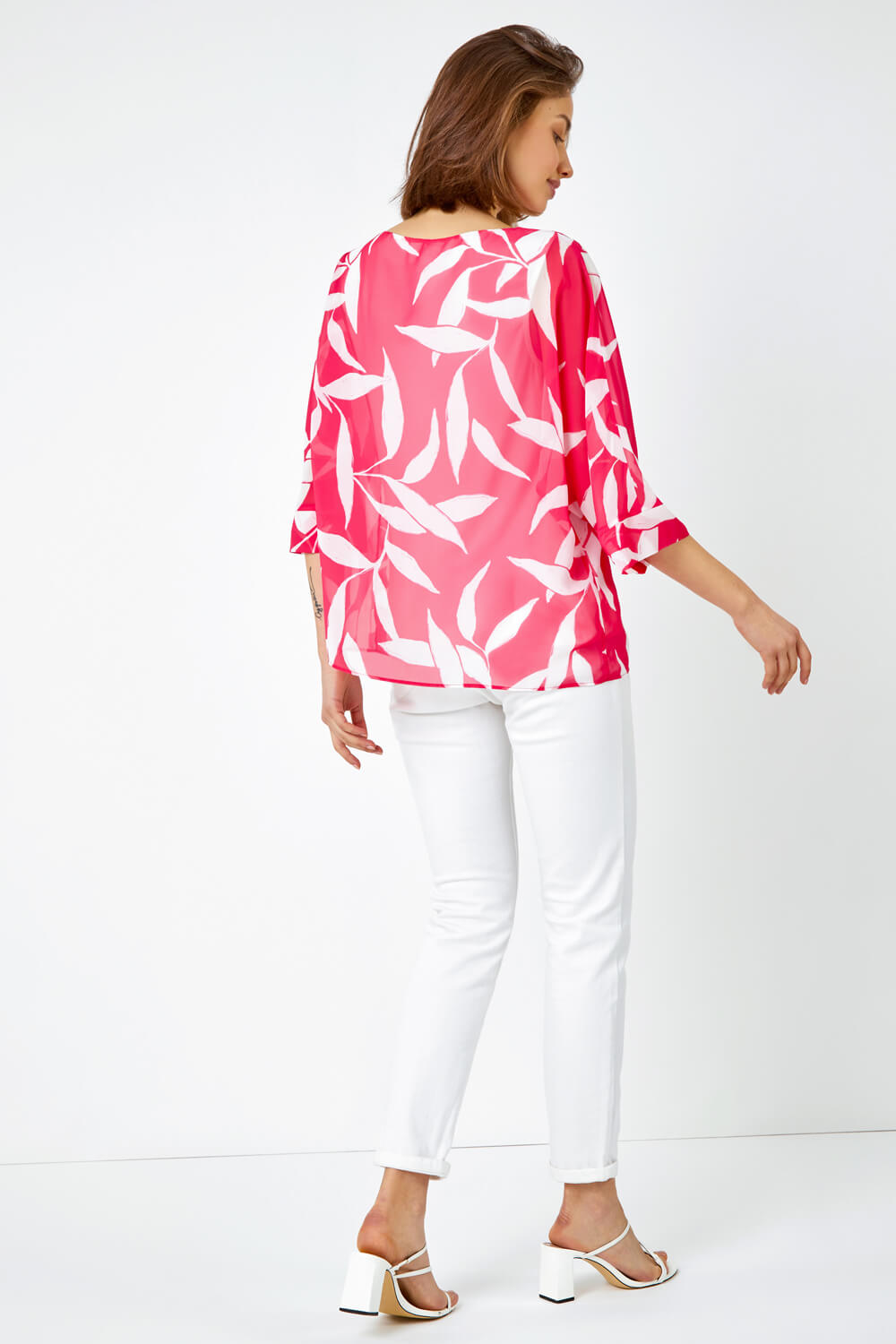 CERISE Leaf Print Chiffon Overlay Top, Image 4 of 5