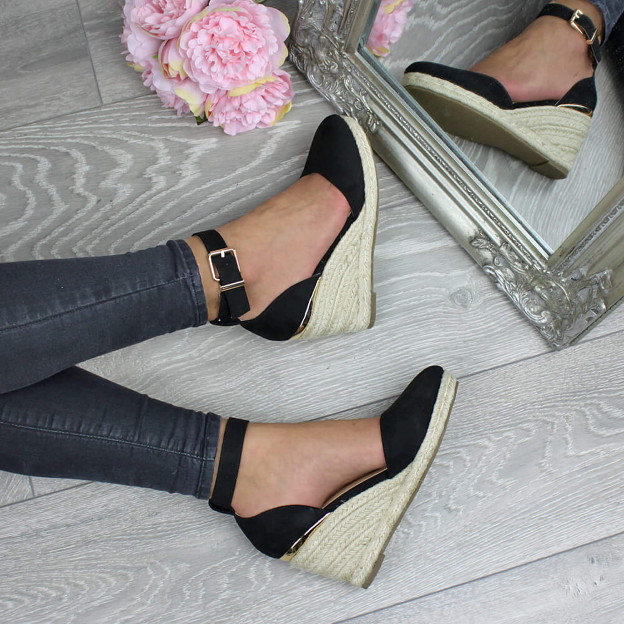 Black AJVANI Black Mid Wedge Heel Ankle Strap Espadrille Sandals, Image 5 of 6