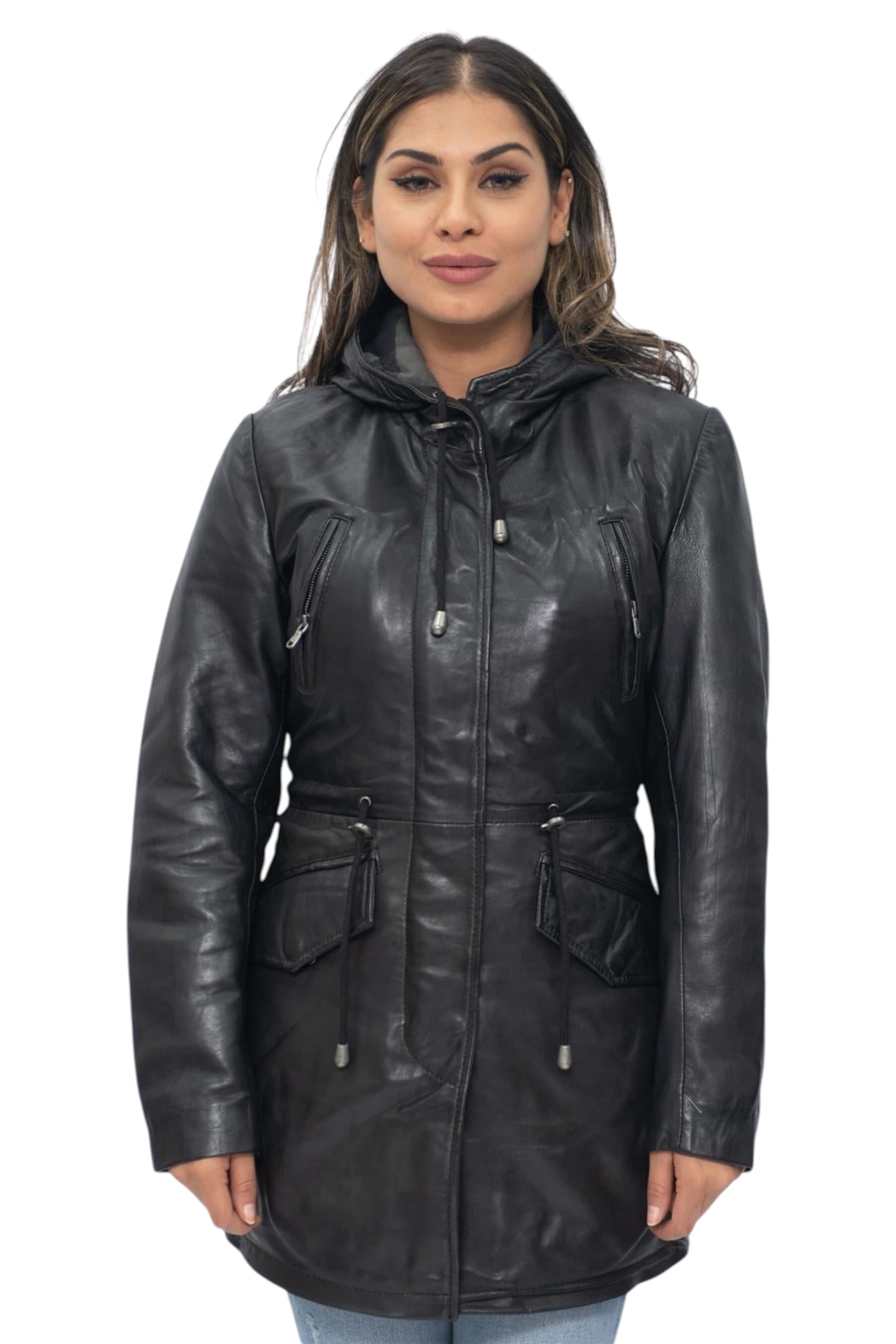 Black Leather Hooded Parka Jacket-Bucharest, Image 1 of 6