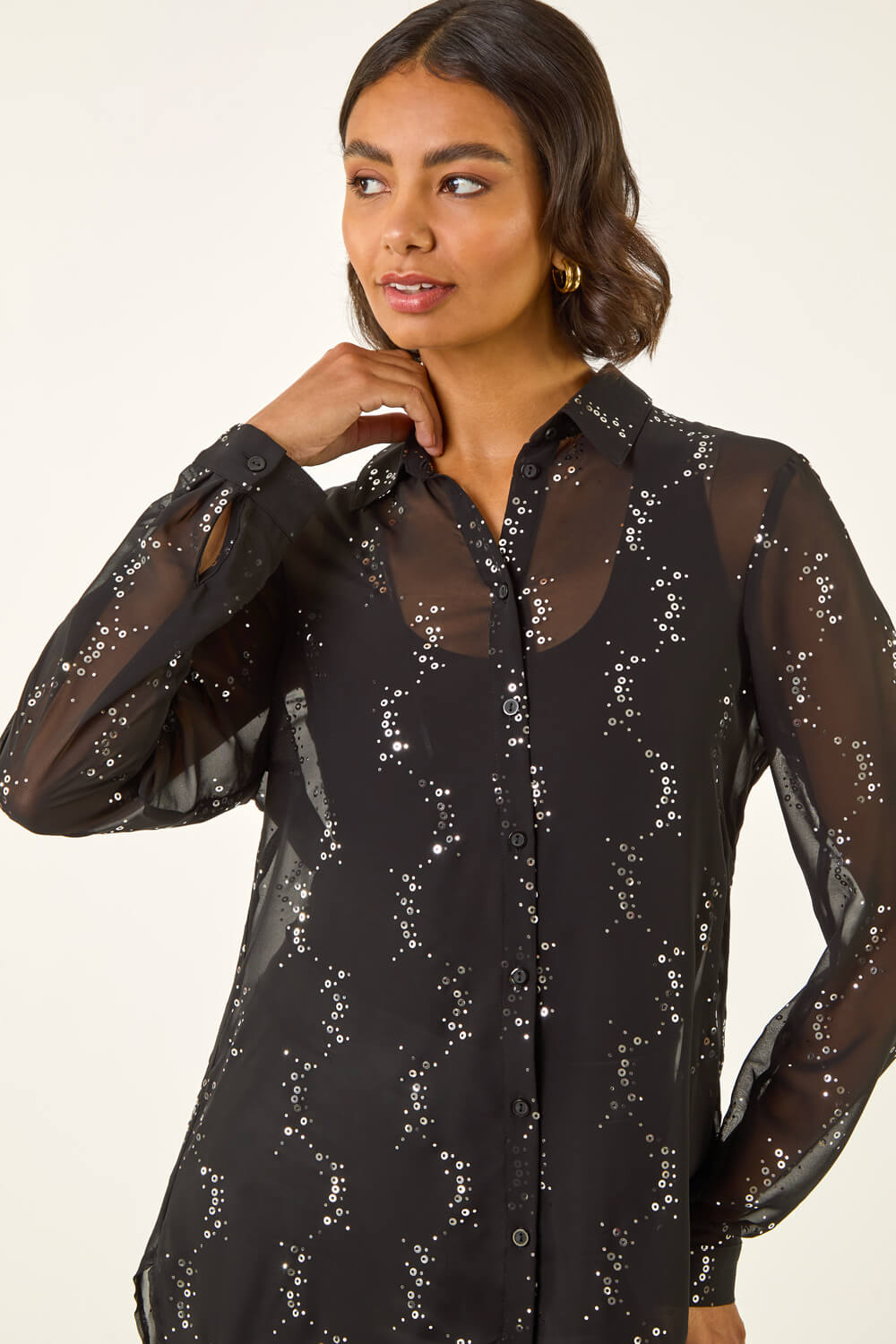 Black Spot Foil Print Longline Shirt, Image 5 of 5