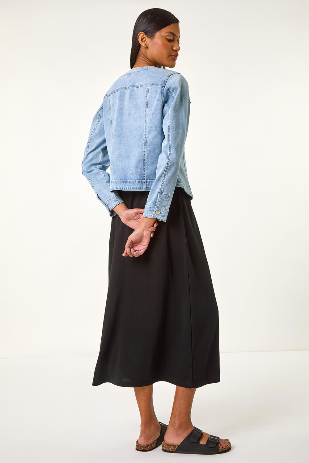 Light Denim Pearl Detail Collarless Jacket, Image 5 of 5
