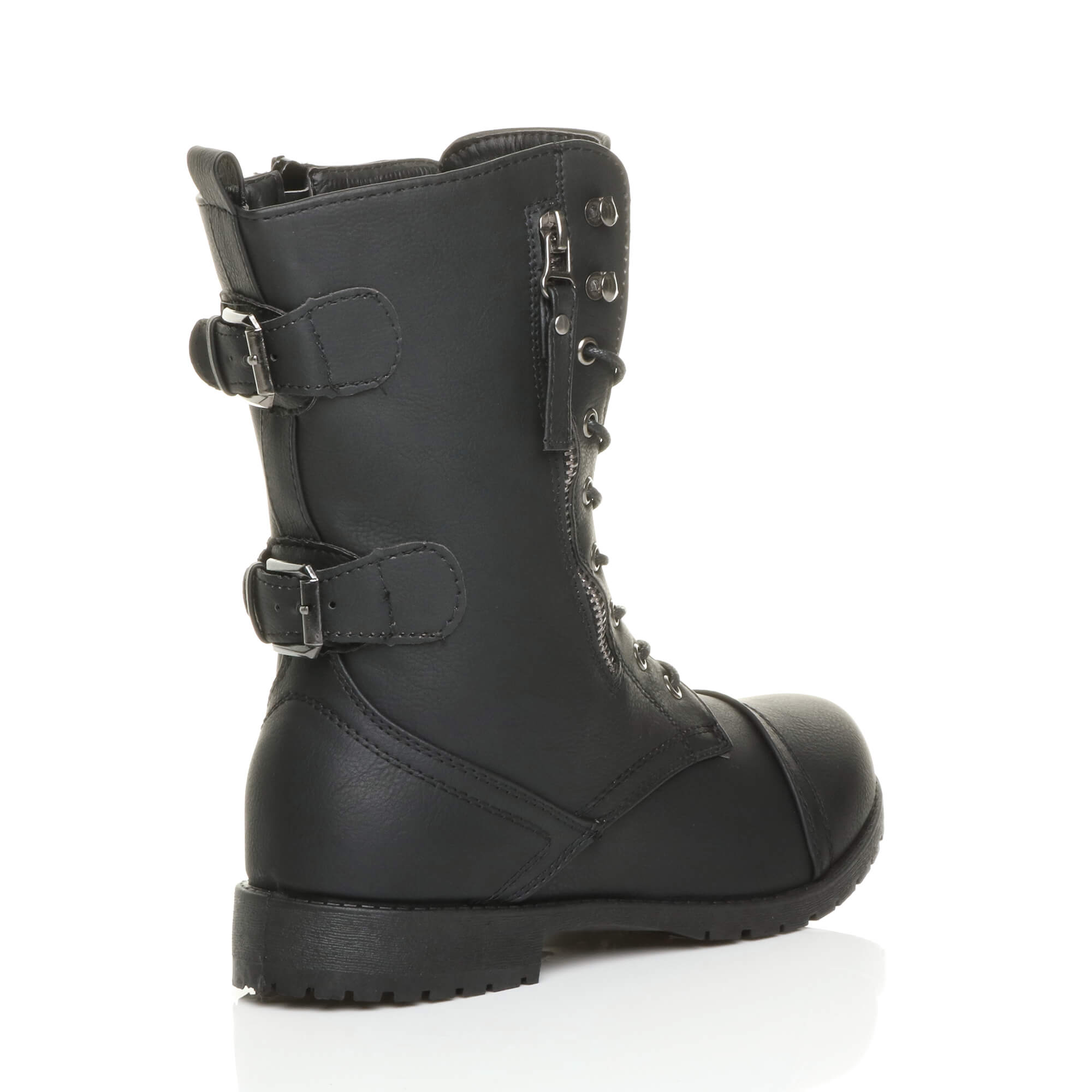 Black Lace Up Zips Military Biker Ankle Boots, Image 4 of 6