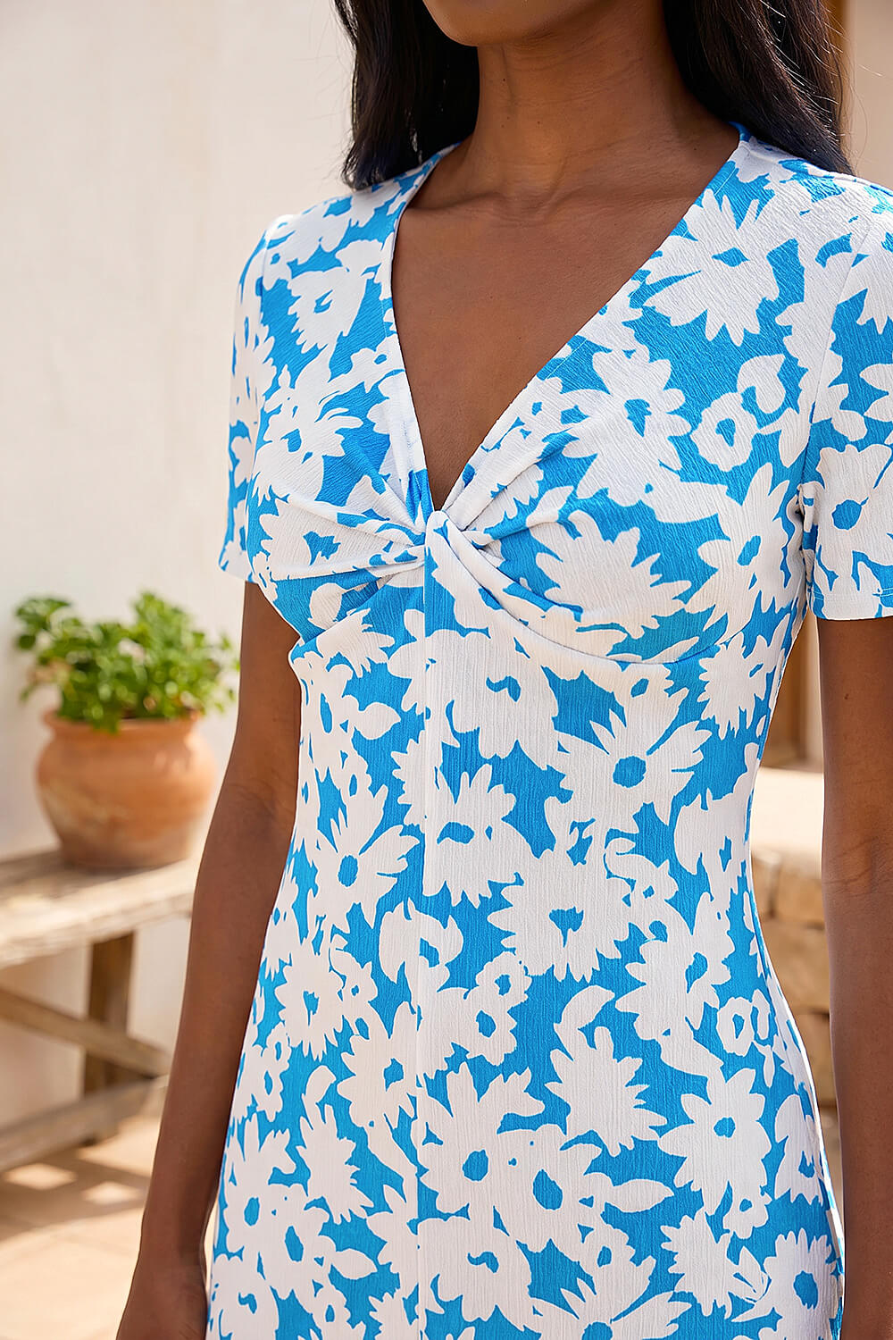 Blue Petite Floral Twist Front Dress , Image 5 of 4