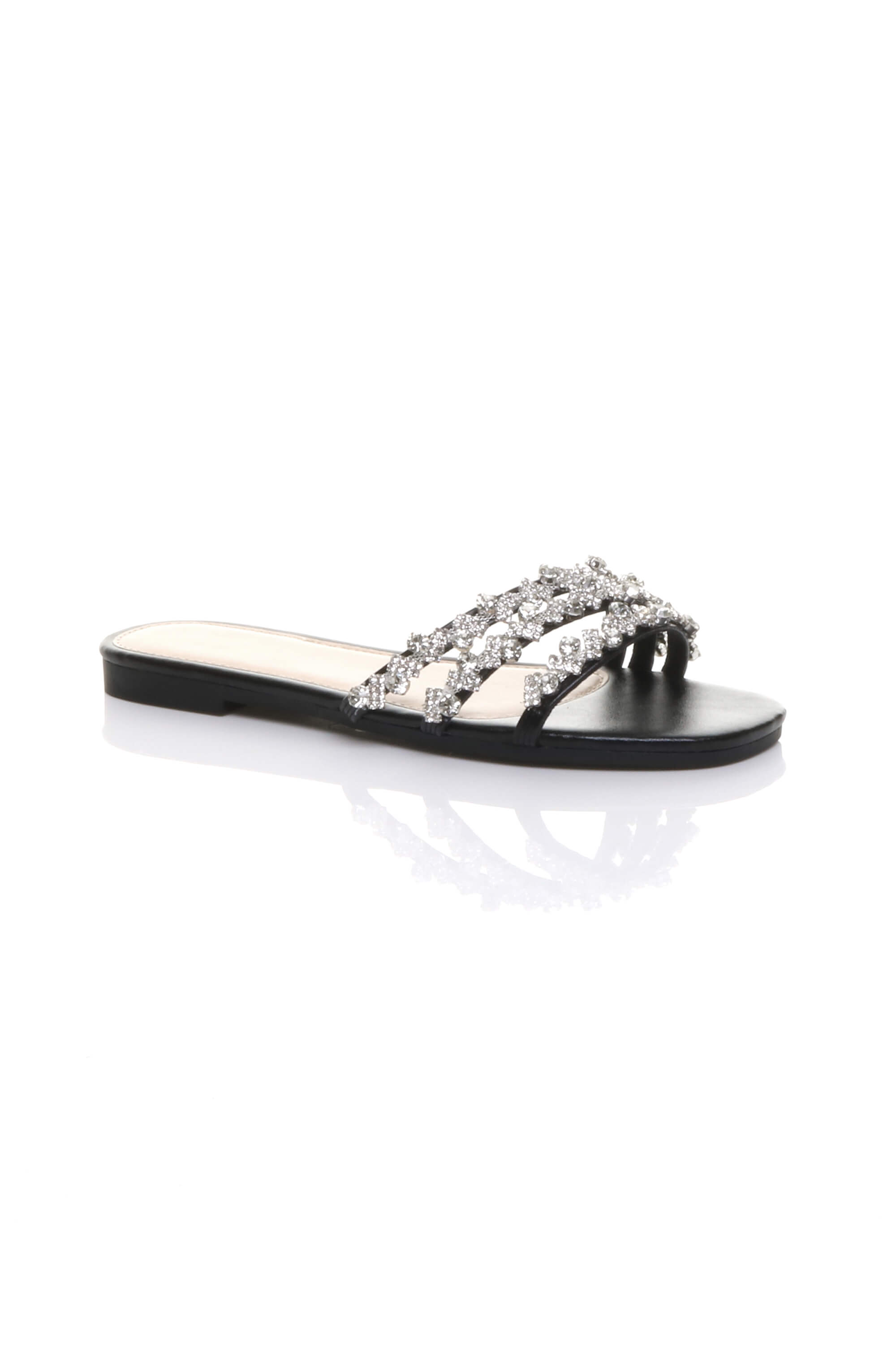 Black Flat Diamante Sandals Flip Flops Sliders, Image 1 of 4